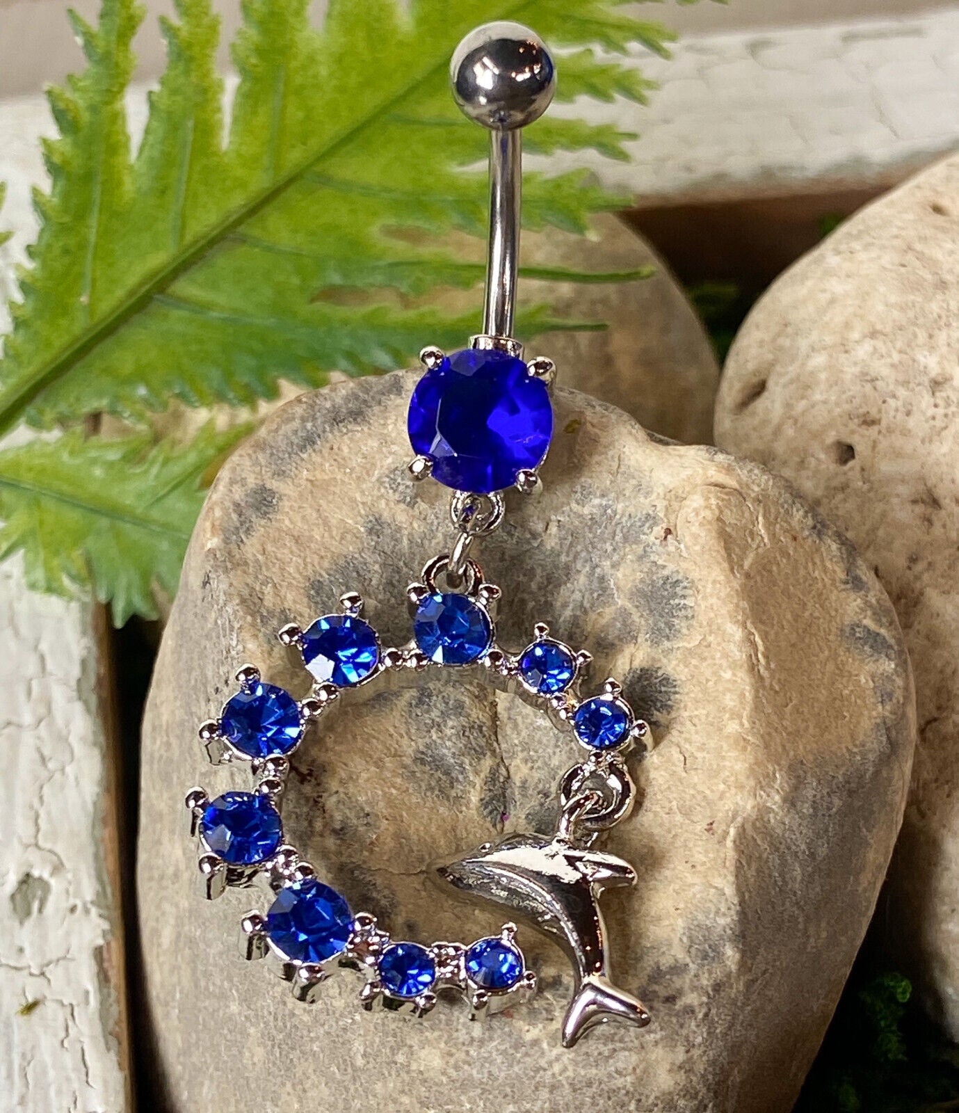 Dolphin Dangle Semi Circle CZ Gem Belly Ring Navel Naval Semi-Circle