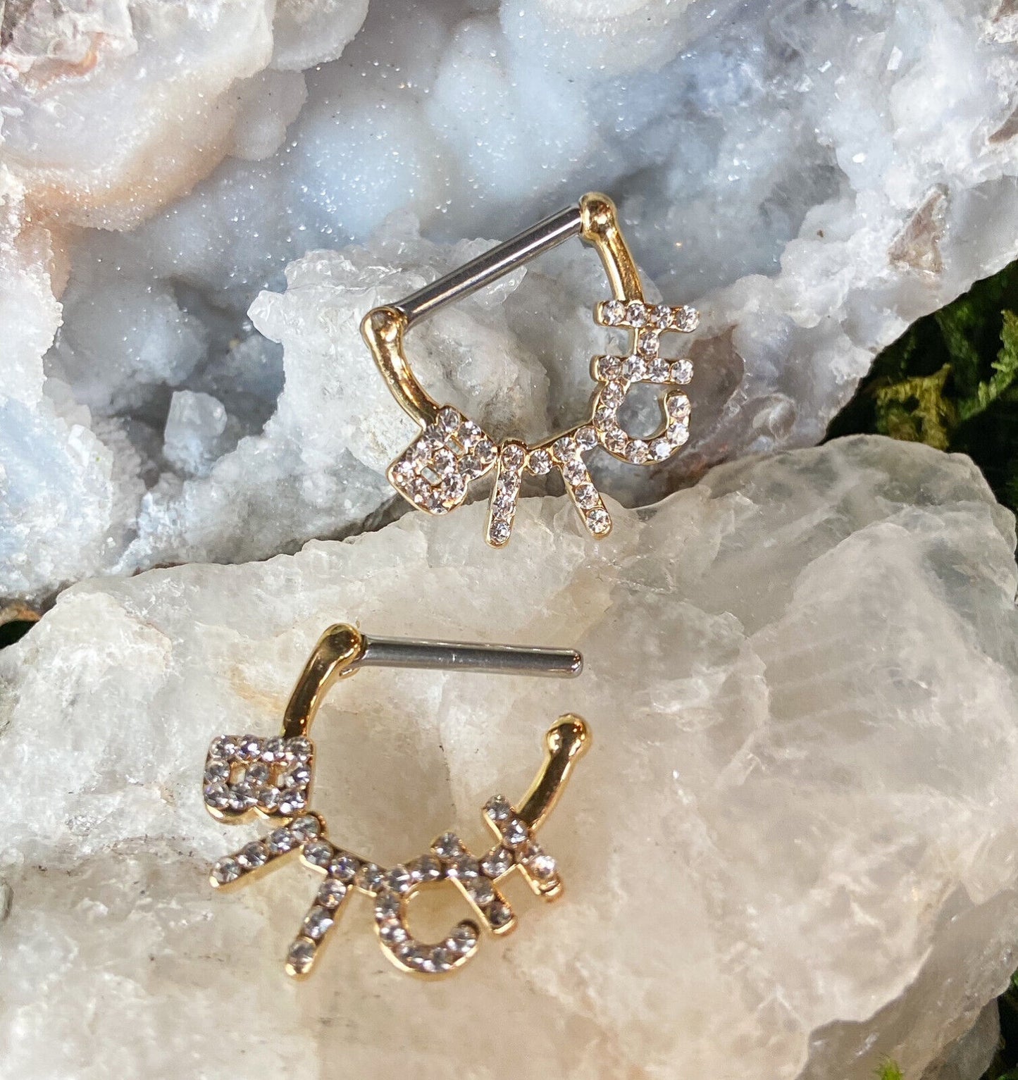 PAIR Crystal Paved Bitch Design Nipple Clickers Shields Rings Body Jewelry