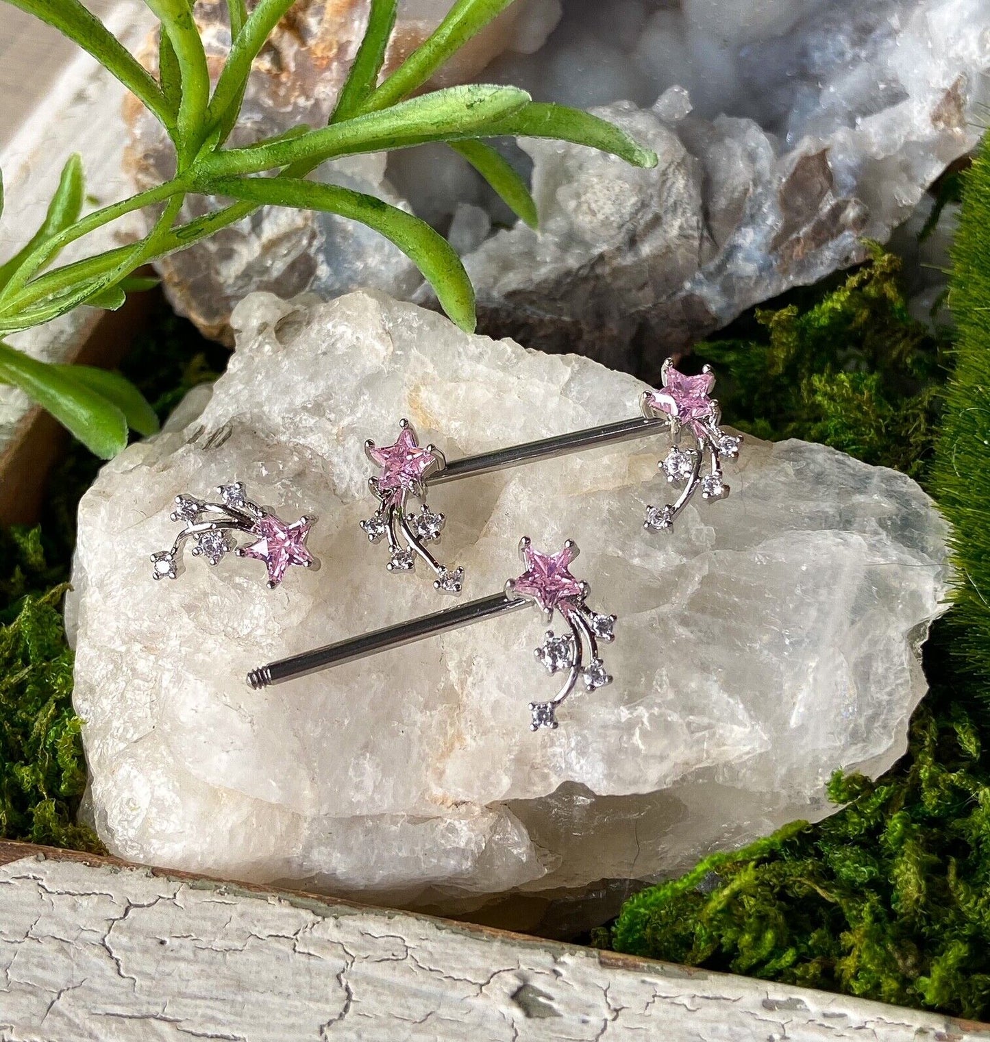 PAIR CZ Gems Shooting Star Nipple Rings Steel Barbells 14g Body Piercing Jewelry