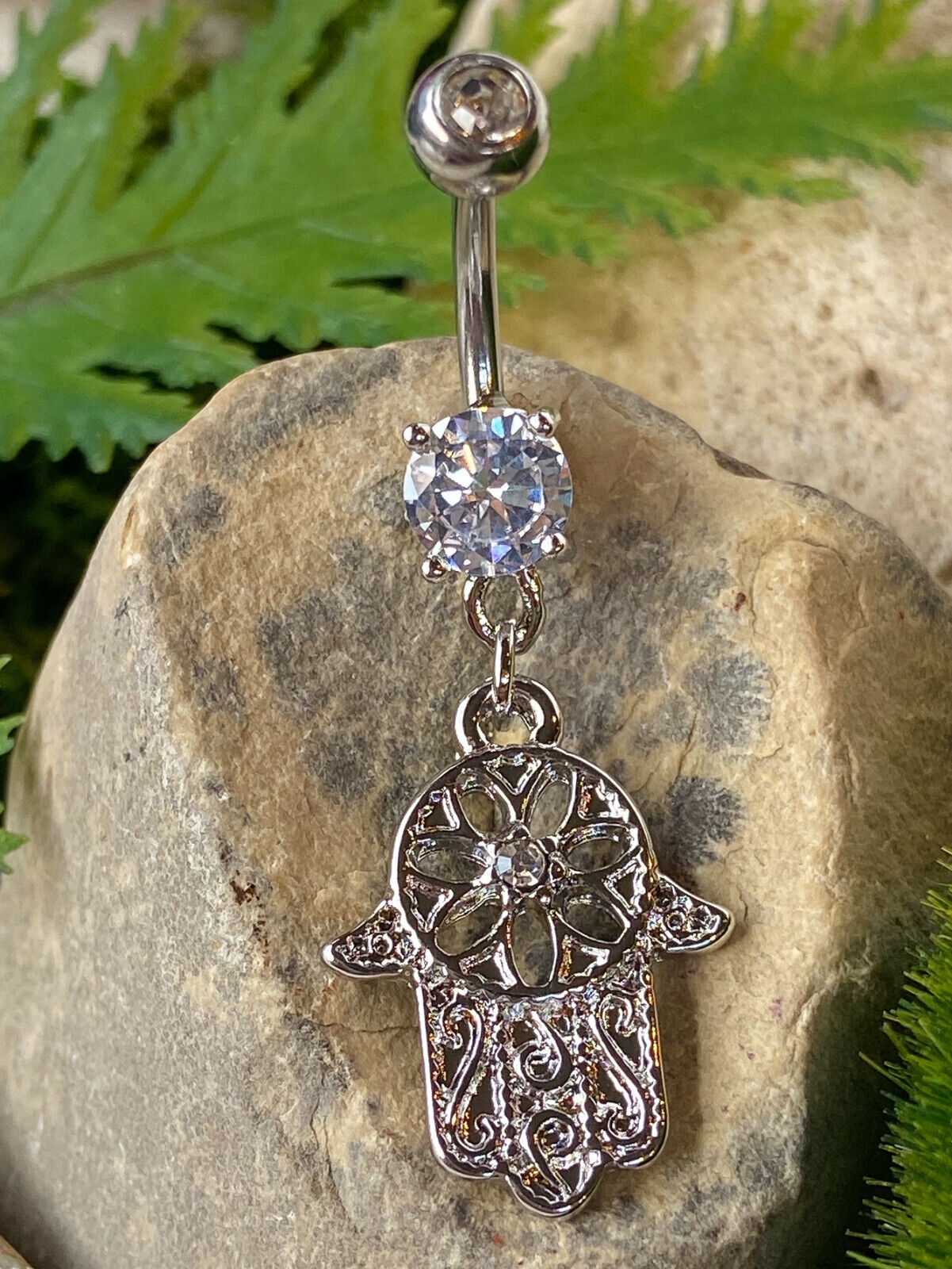 Beaded Outline Hamsa Belly Ring Gem CZ Dangle Pierced Navel Naval