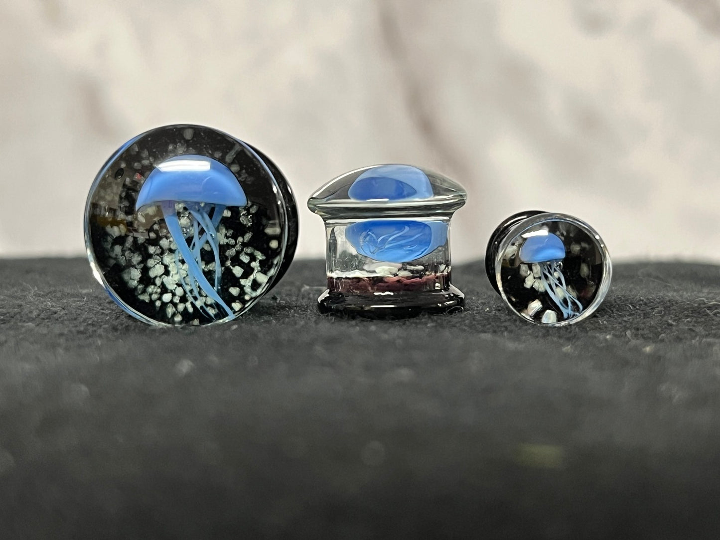 PAIR Blue Jellyfish Glass Double Flare Plugs Tunnel Gauges Glow in the Dark