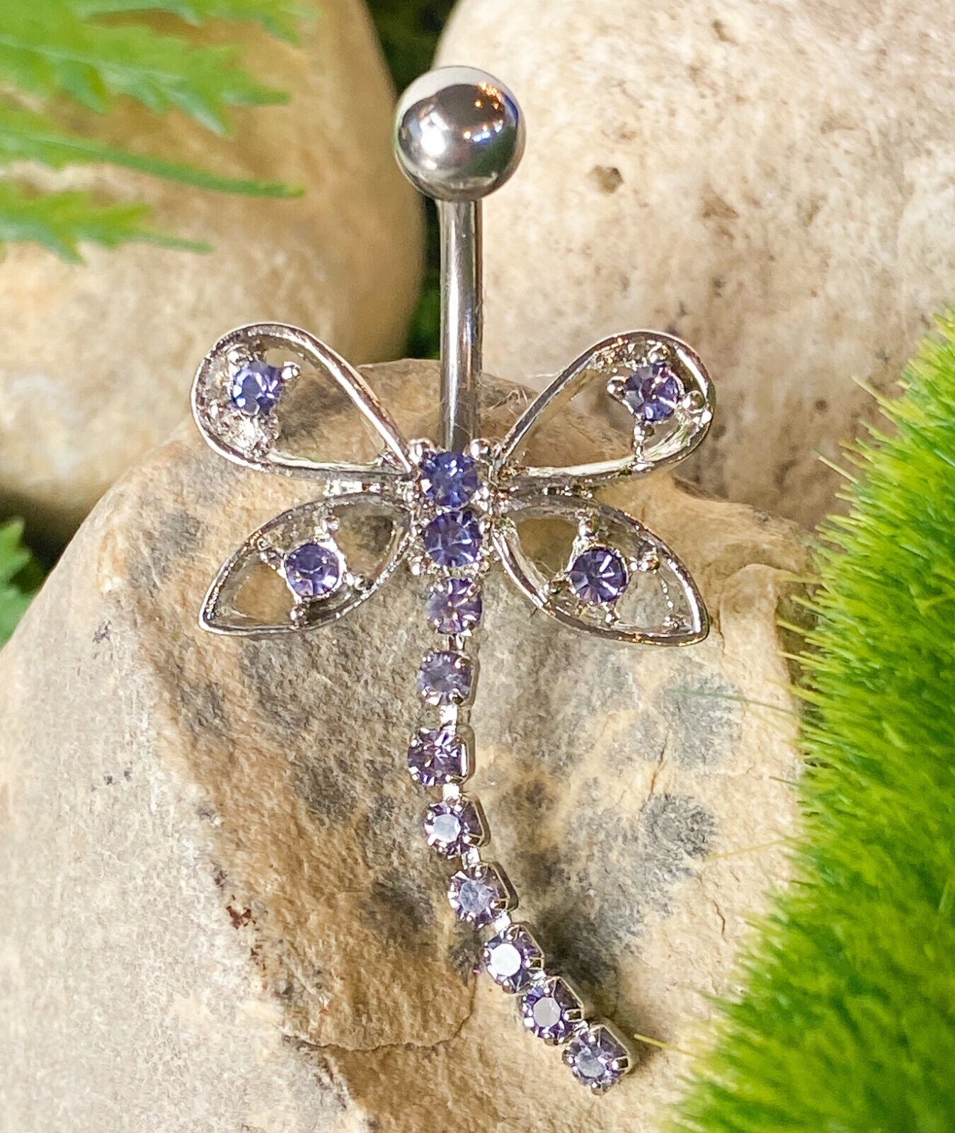 Butterfly W/ Paved Chain Gem Belly Ring Navel Naval Clear, Pink, Aqua, Purple