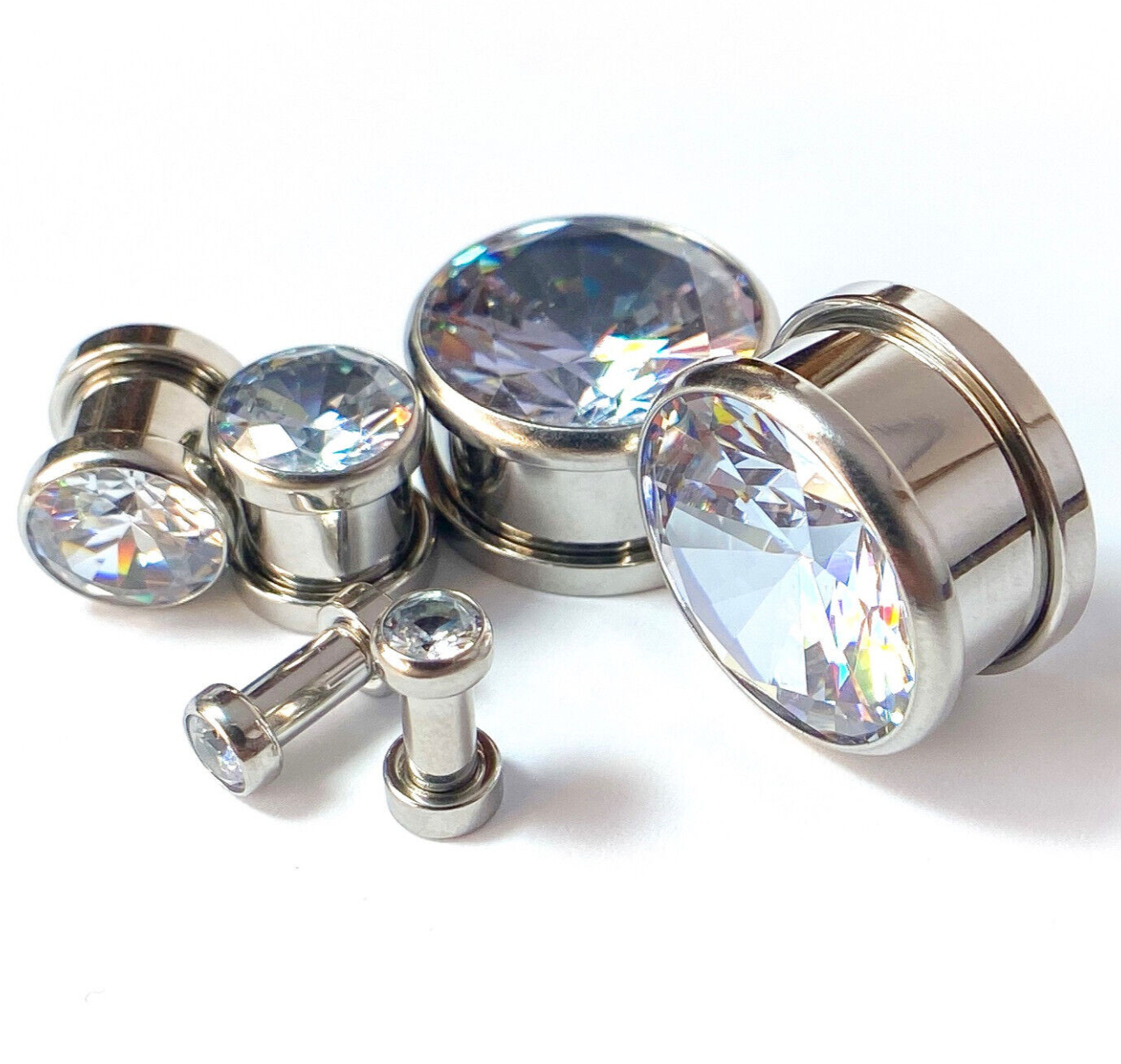 PAIR Large Gem Screw Fit Tunnels Ear Plugs Gauges Pierced Piercing Body Jewelry