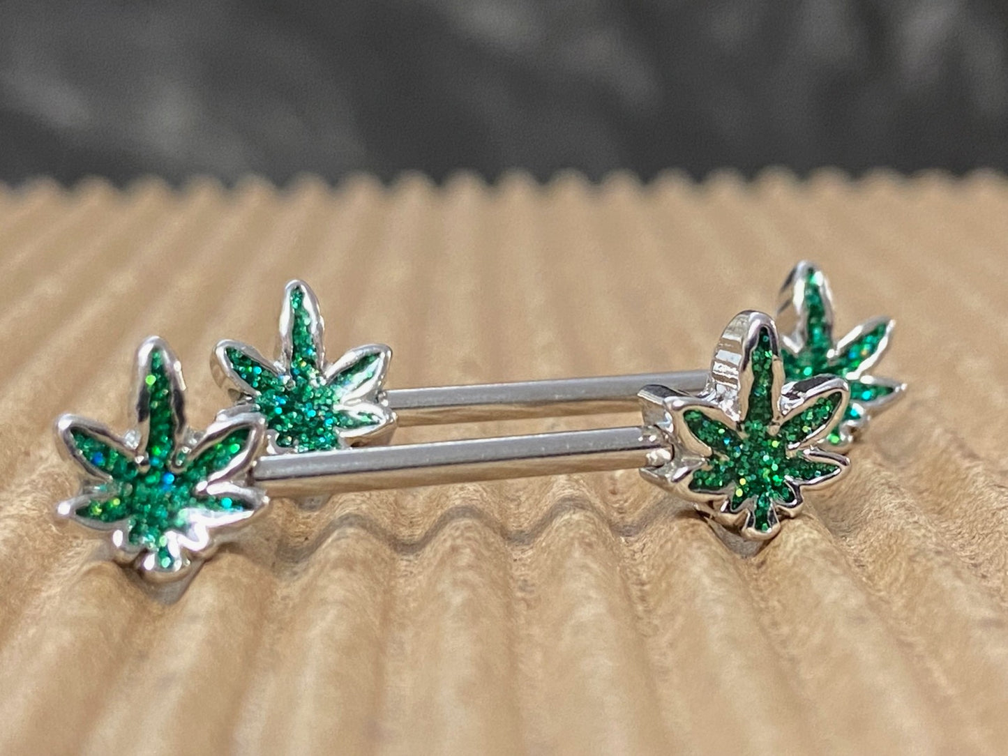PAIR Glittery Marijuana Leaf Ends Nipple Rings Shields Barbells Pot Body Jewelry