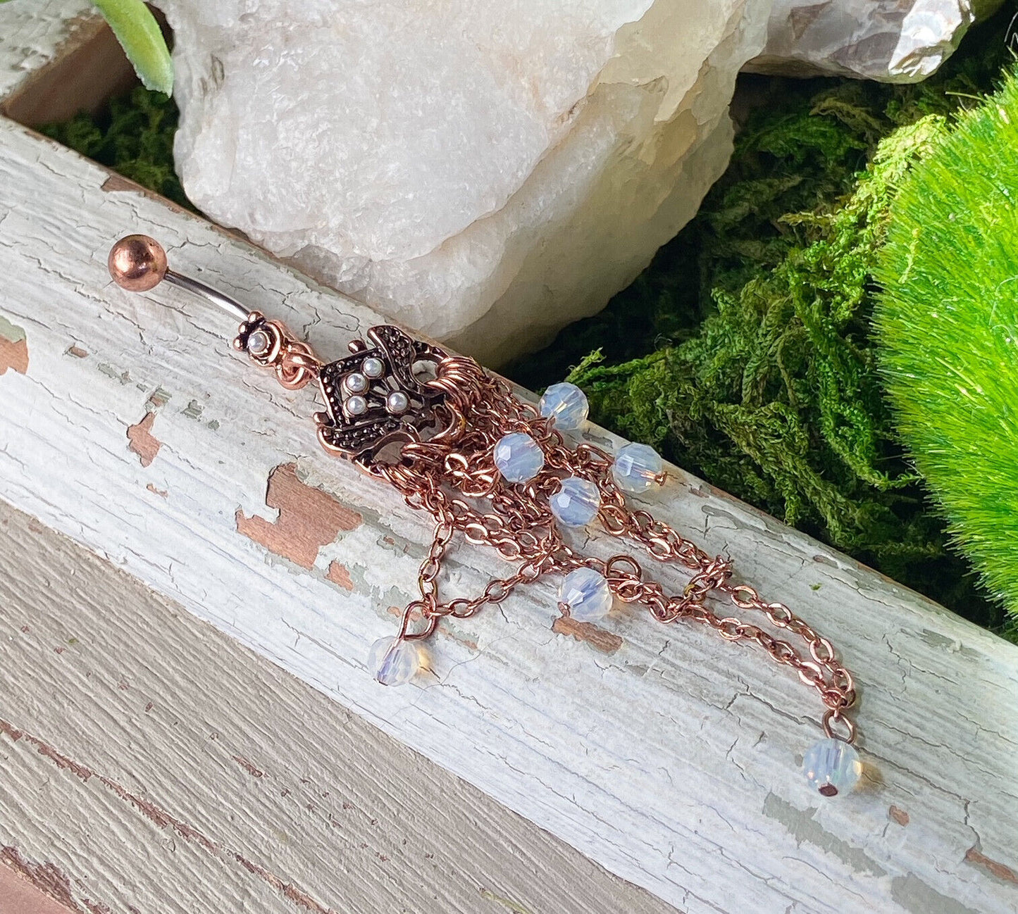 1pc Vintage Owl Chandelier Opal Bead Belly Ring Navel Piercing Naval Jewelry