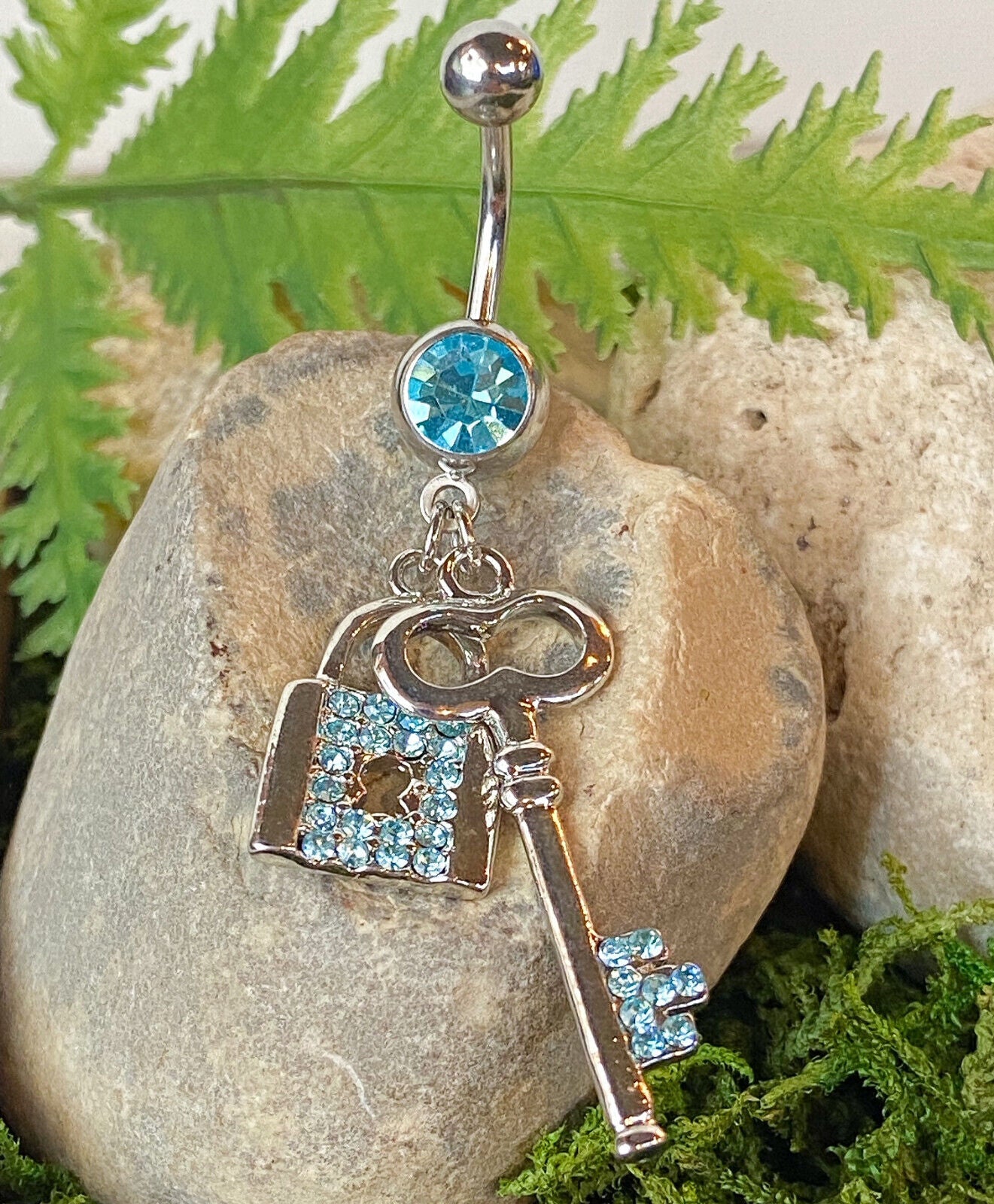 Paved Lock & Key CZ Gem Belly Ring Navel Naval Clear, Pink, Aqua