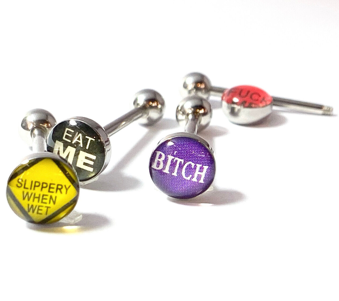 4pc Value Pack Epoxy Dome Bad Word Tongue Rings 14g Tounge Body Jewelry Lot