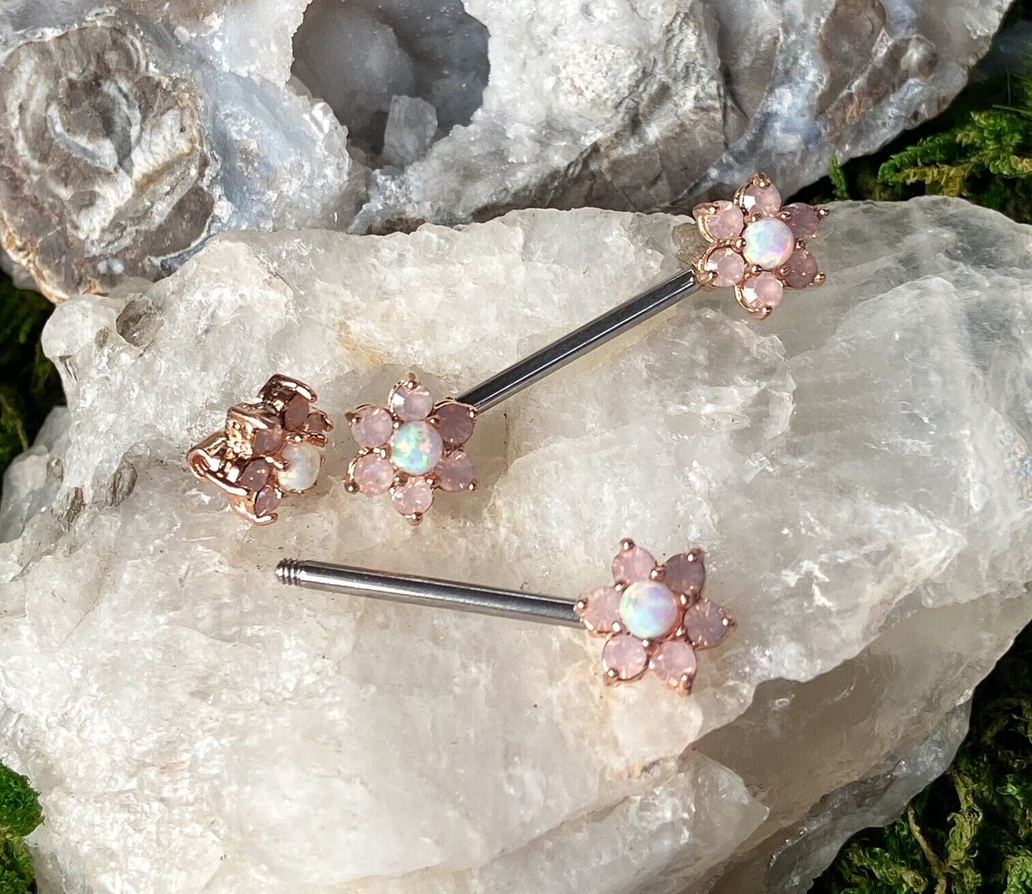 PAIR Opalite Gem Petals w/ Opal Center Flower Nipple Barbell Rings Shields