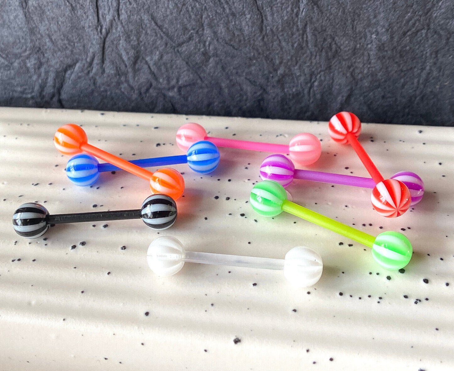 8pc Value Pack Candy Stripe Tongue Rings 14g Tounge Body Jewelry No Metal