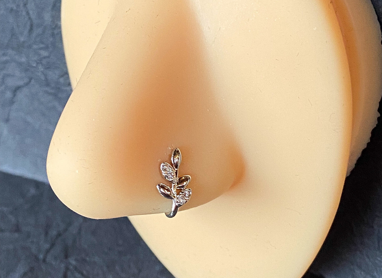 CZ Gem Olive Branch Non-Piercing Nose Clip, Faux Hoop Screw Stud Nostril Ring