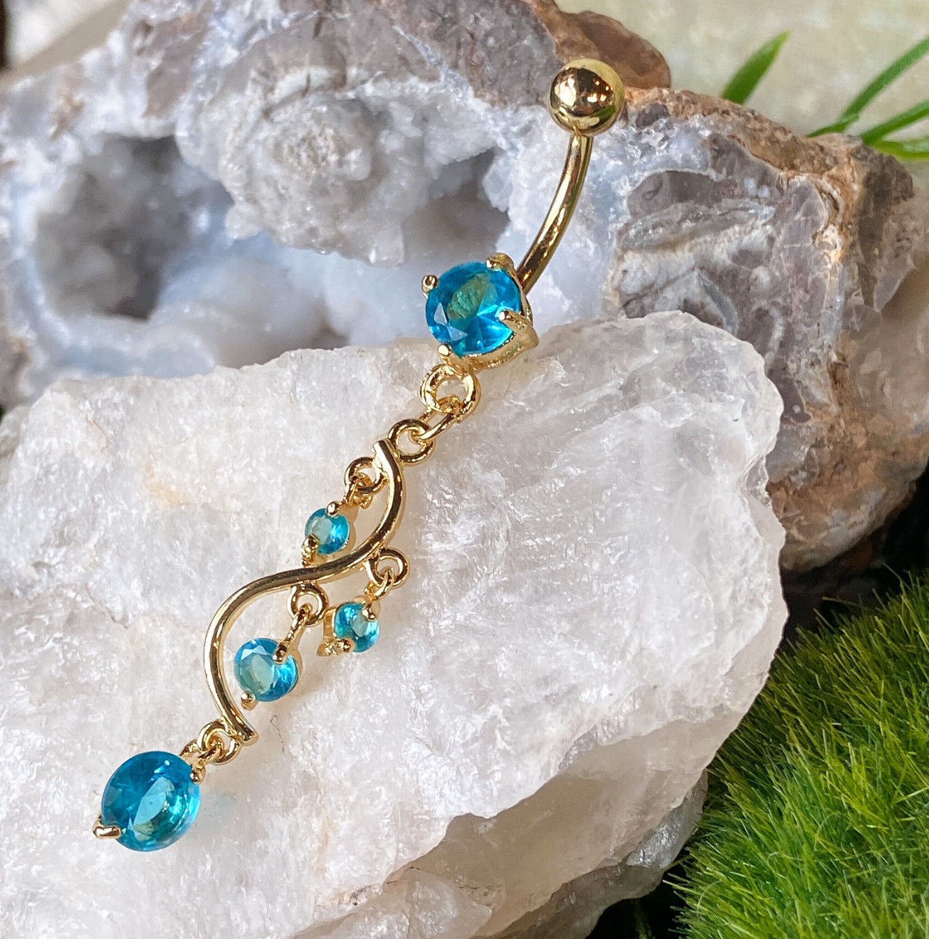 14kt Gold Plated CZ Gem Vine Dangle Belly Ring Navel Piercing Pierced Naval