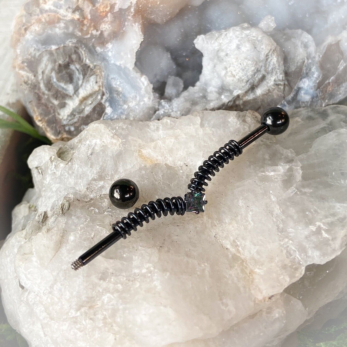 1pc Square CZ Gem V-Shaped Industrial Barbell w/Springs 38mm, 1.5", 1 & 1/2 inch