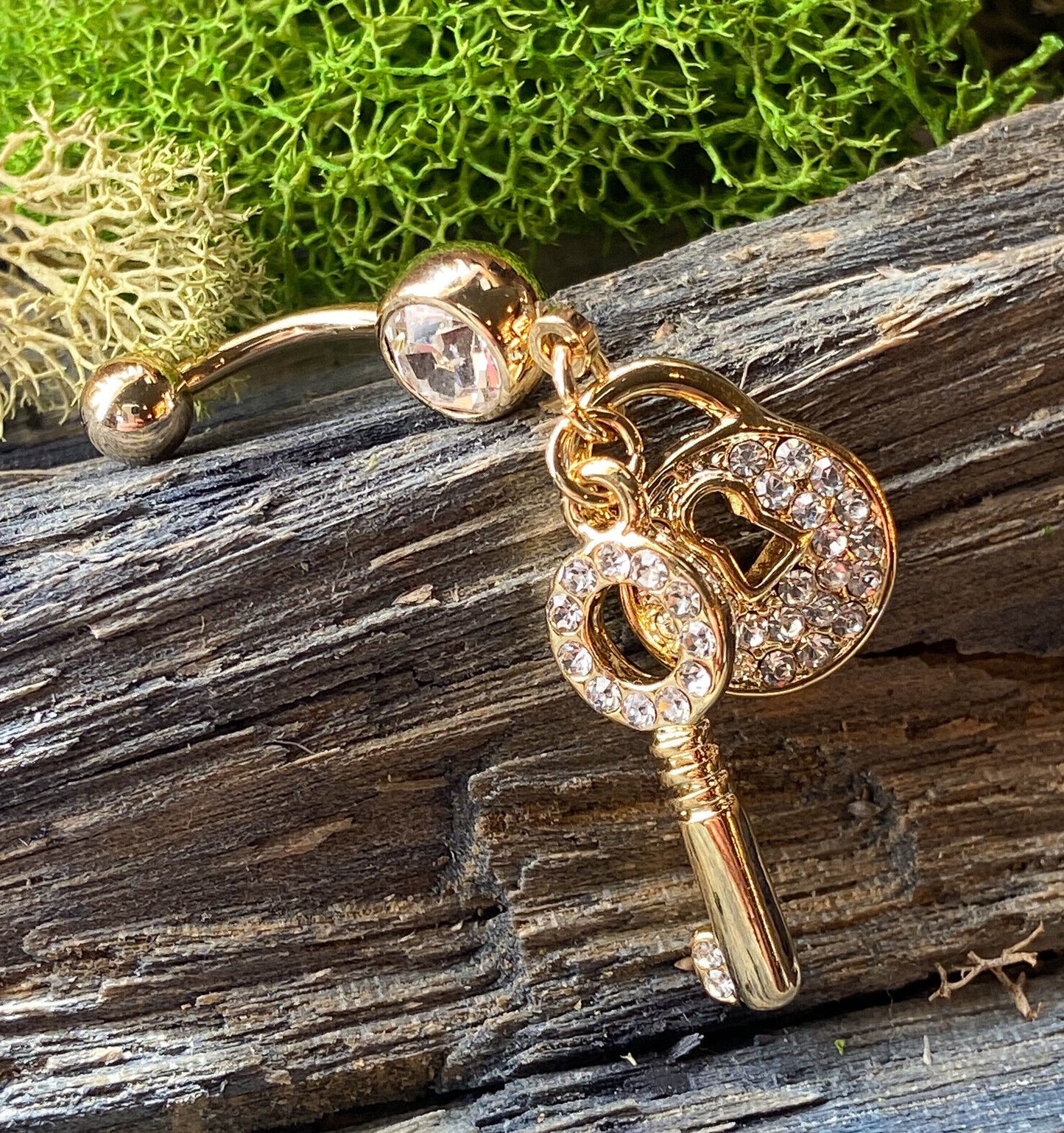 Gold Lock & Key CZ CLEAR Gem Belly Ring Navel Piercing Pierced Naval Jewelry