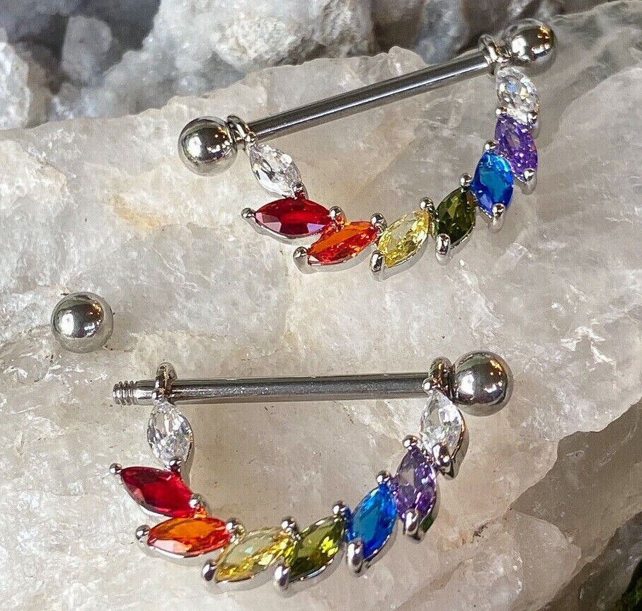 PAIR Marquise Gem Bridge Dangle Nipple Ring Shield Pierced Body Piercing Jewelry