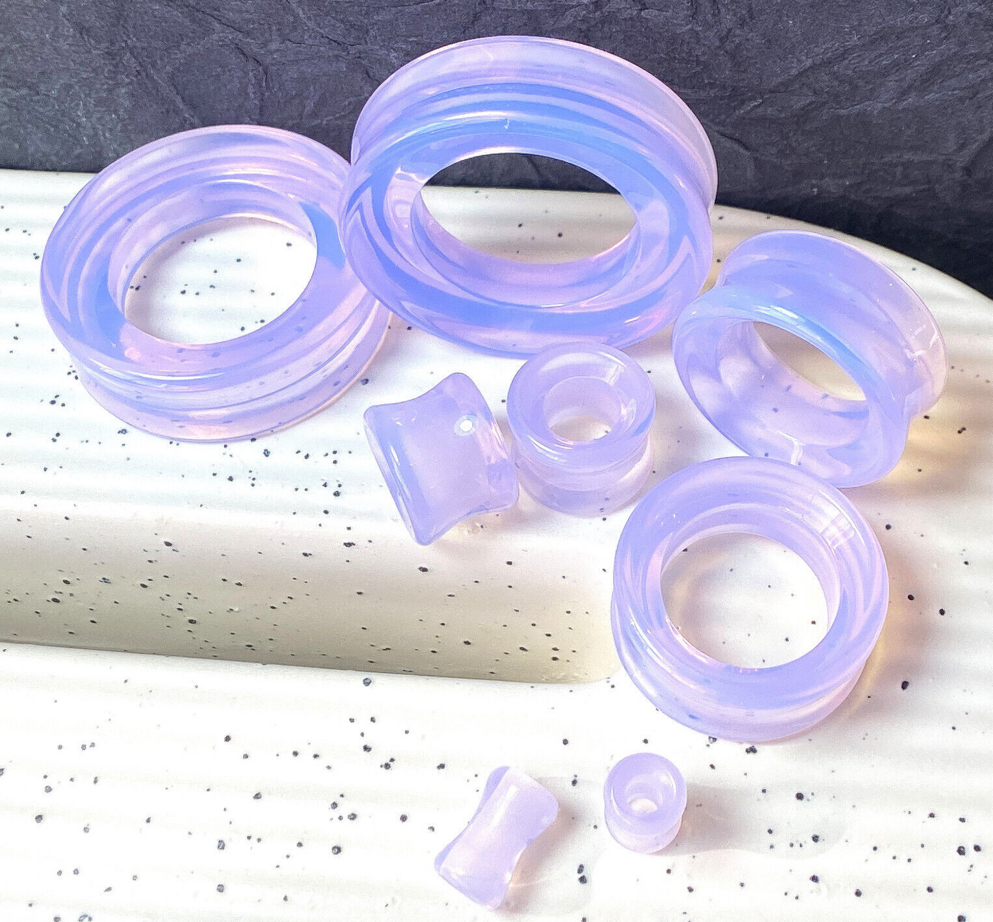 PAIR Lavender Opalite Double Flare Tunnels Stone Glass Plugs Earlets Gauges