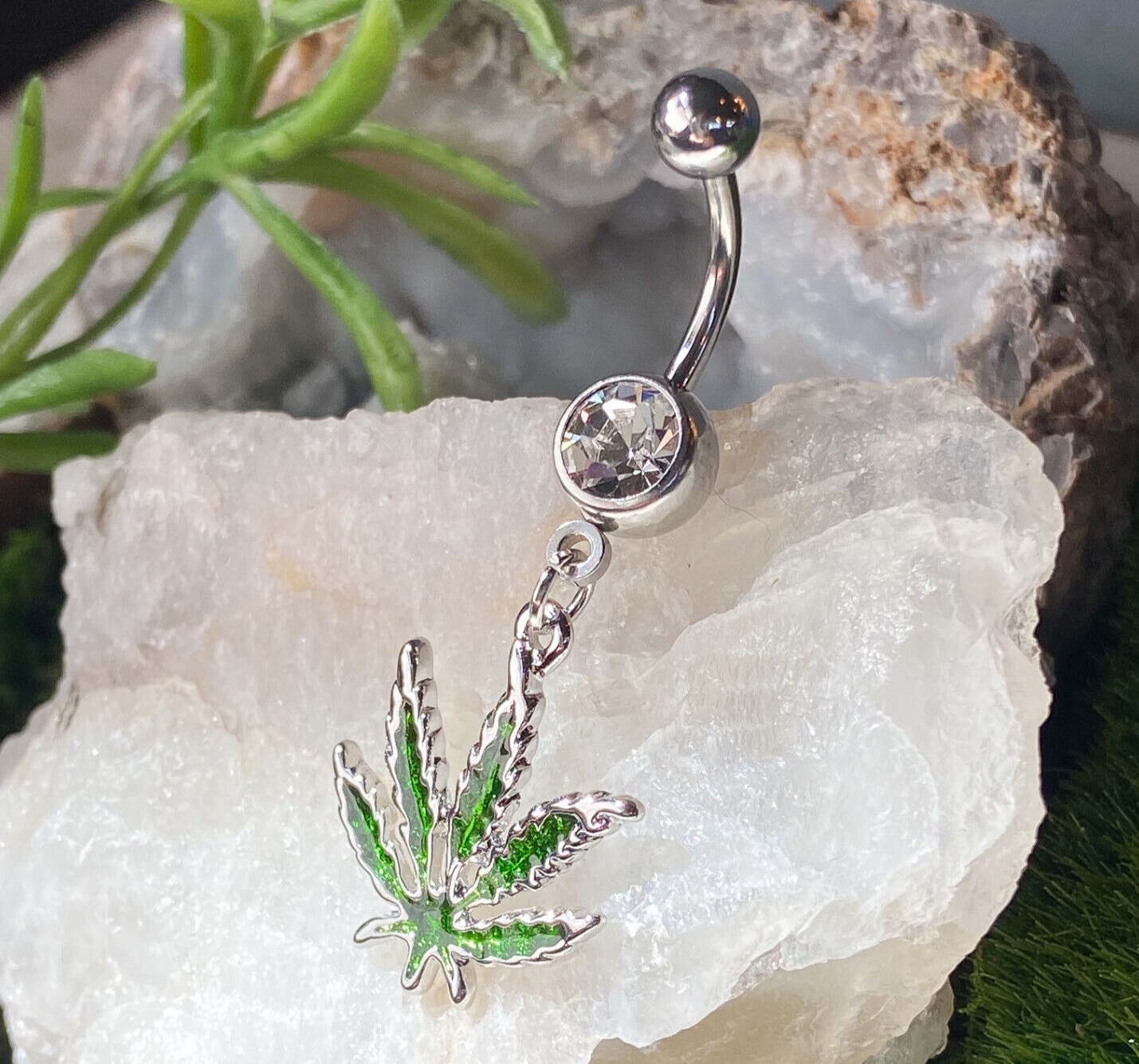1pc Pot Leaf Gem Belly Ring Marijuana Navel Piercing Pierced Naval Body Jewelry