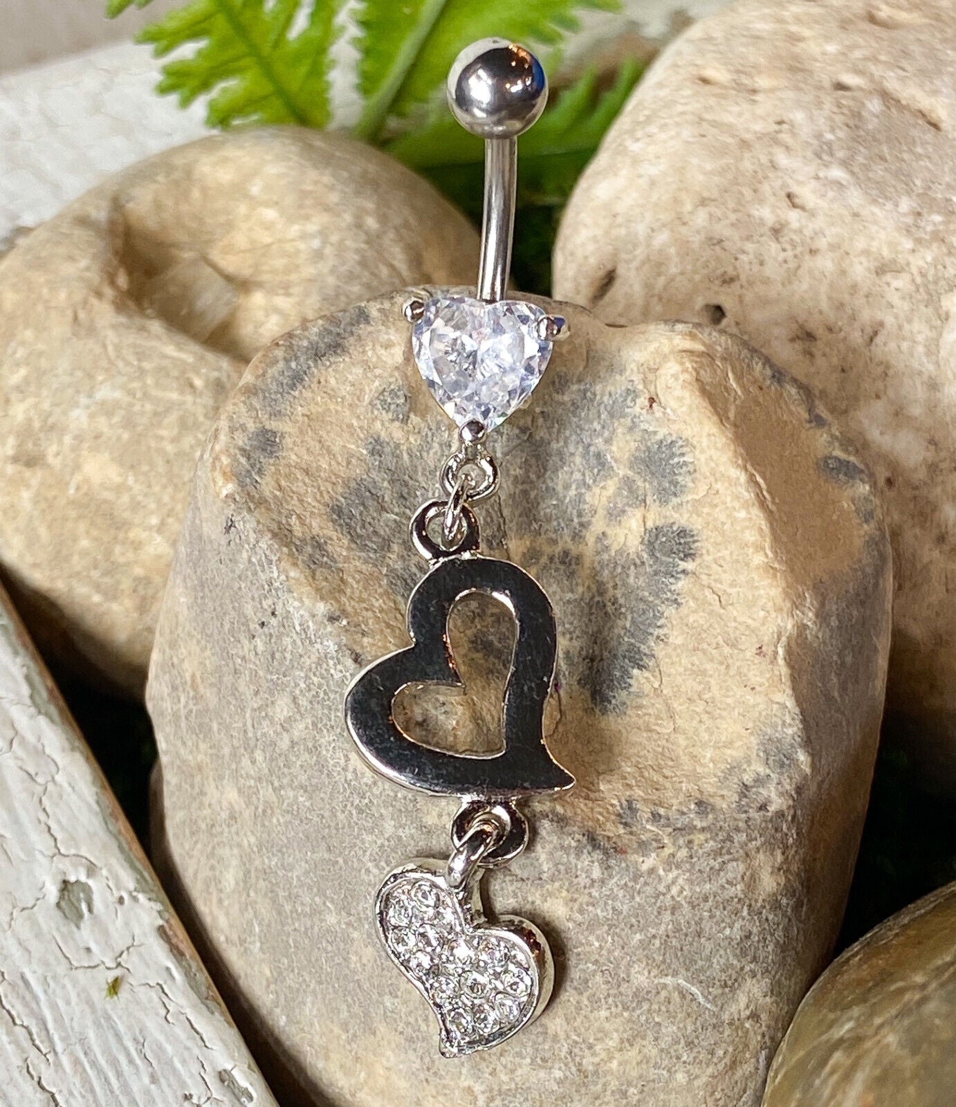 Heart Dangle Paved CZ Gem Belly Ring Navel Piercing Pierced Naval