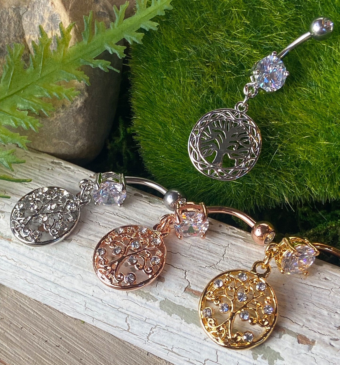 1pc Tree of Life Dangle w/Round CZ Pierced Belly Navel Naval Ring
