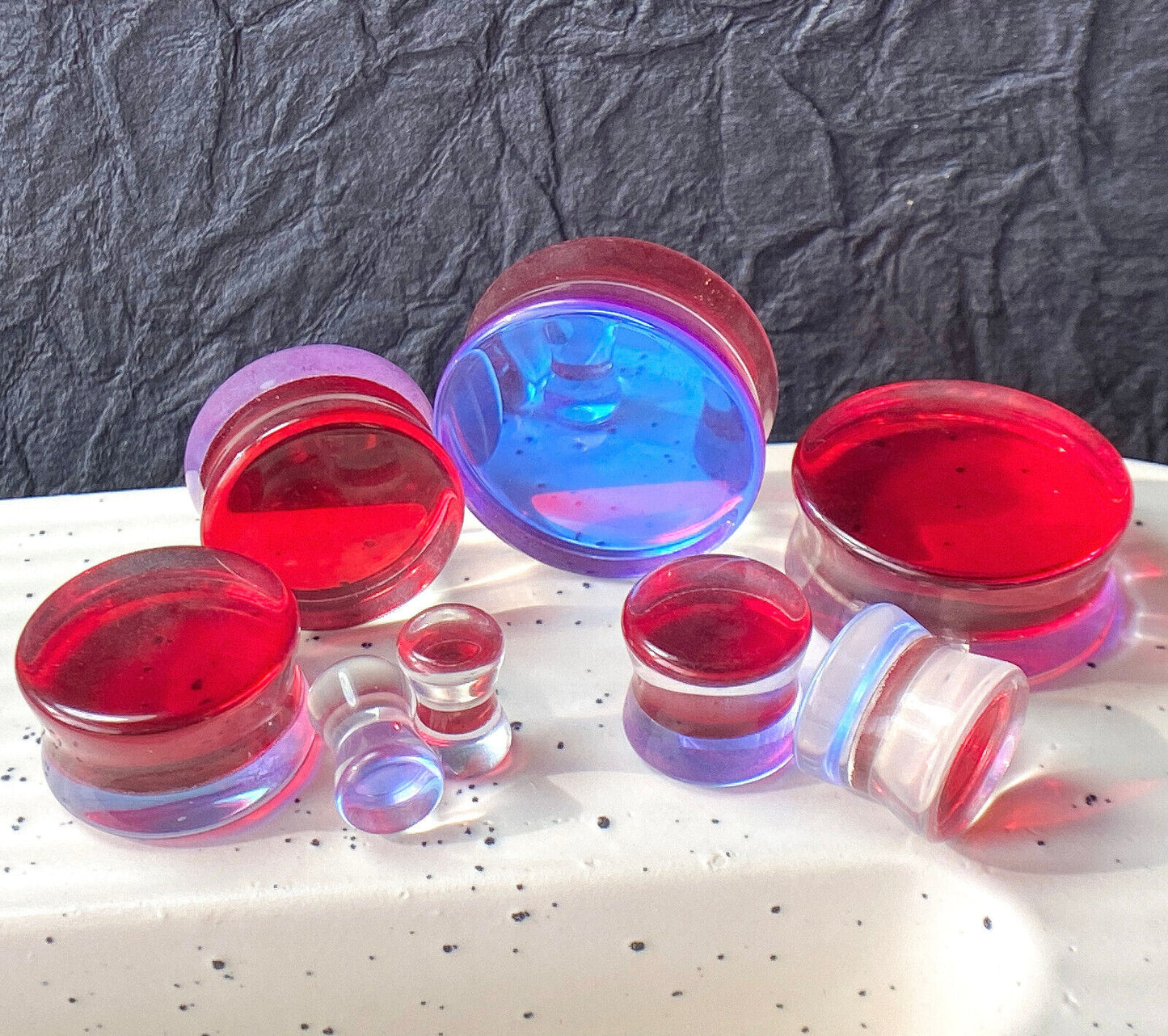PAIR Red Iridescent Glass Double Flare Plugs Gauges Tunnels Body Jewelry