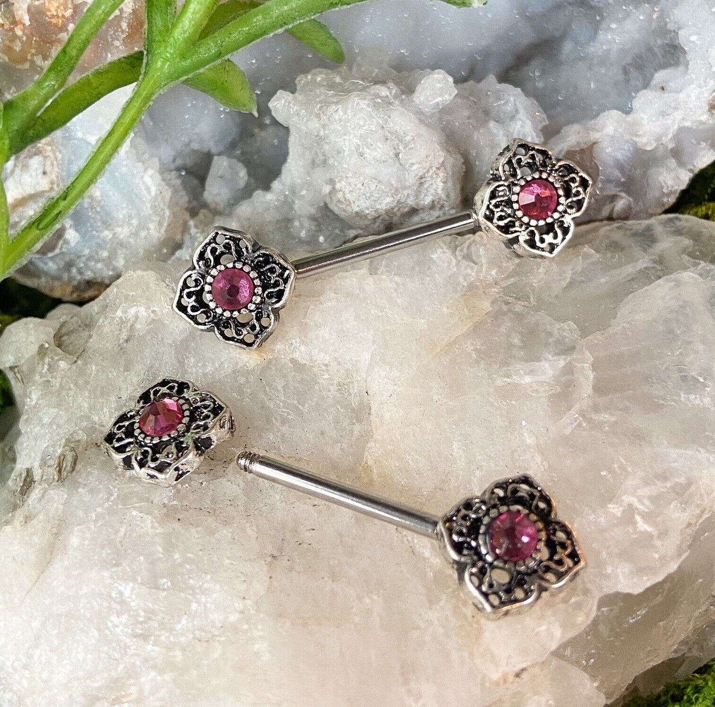 PAIR Gem Tribal Flower Nipple Rings Shields Barbells 14g Body Piercing Jewelry - Only Clear Left In Stock!