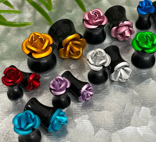 PAIR Acrylic Plugs w/ Metal Rose Gauges Tunnels Earlets Body Jewelry