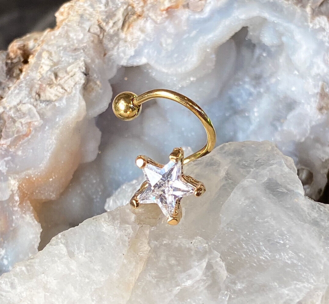 Gold Plated Twist Belly Ring w/ Prong Set CZ Star Gem Pierced Navel 16g Spiral