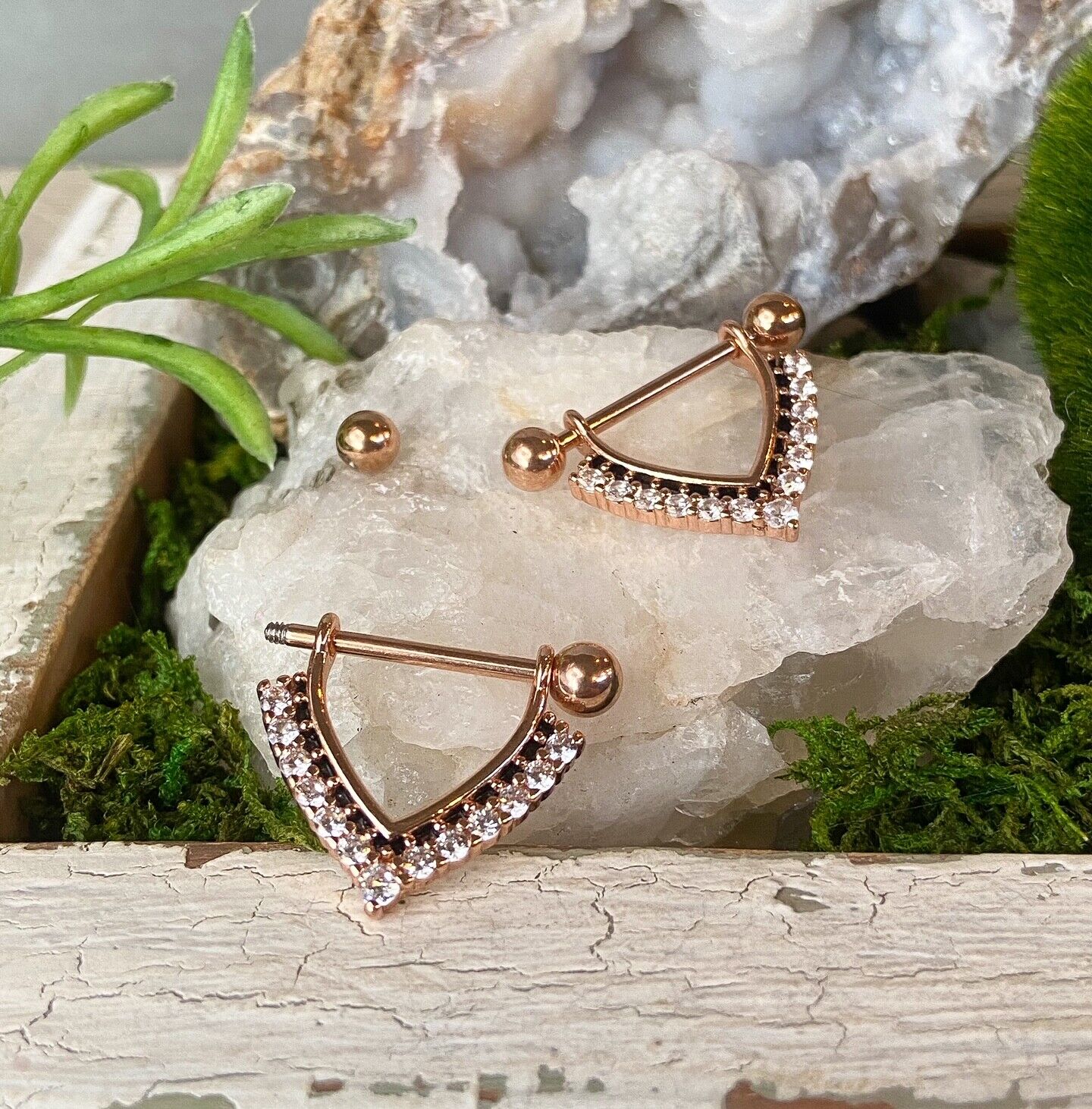 PAIR CZ Gem Paved Black Enamel Dangle Nipple Shields Rings Steel Barbells