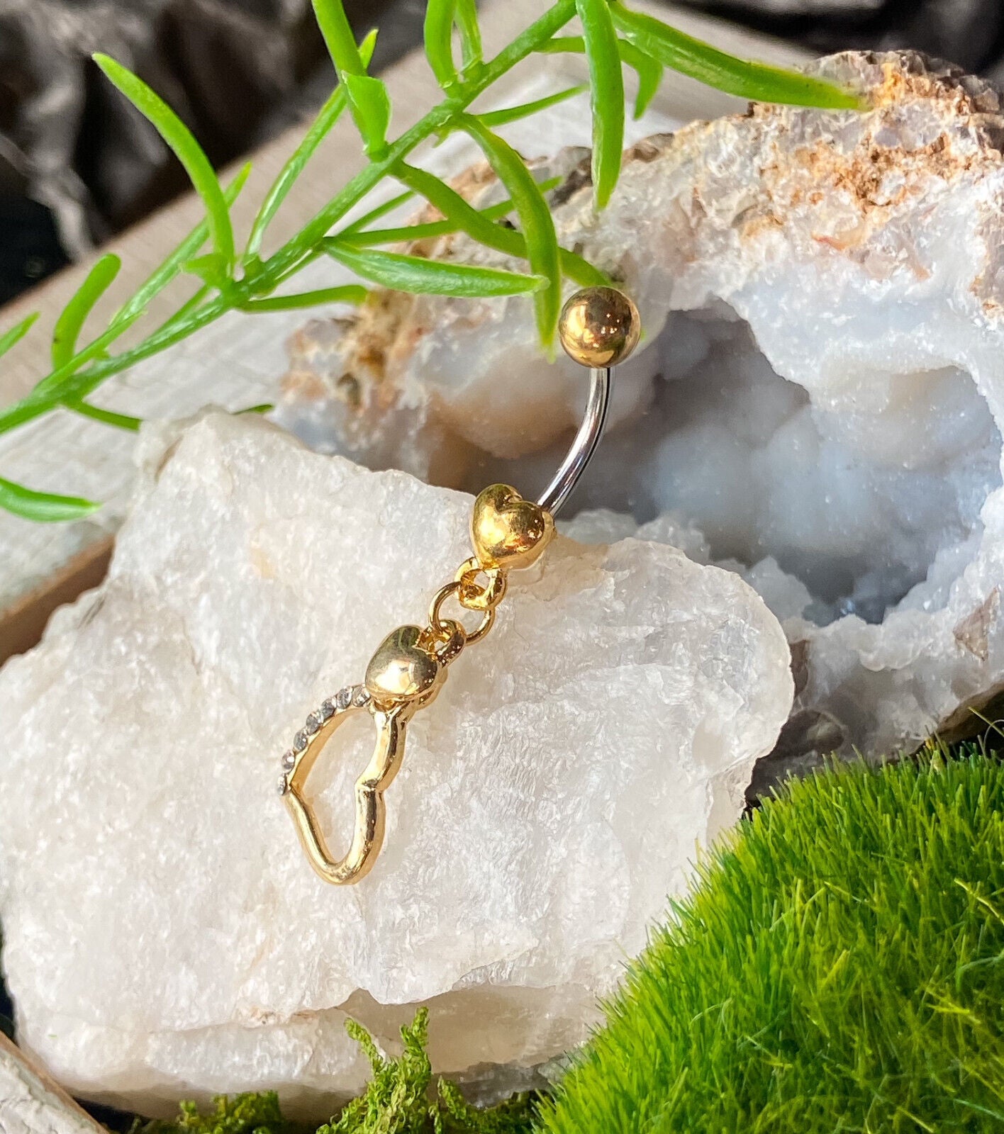 Gold Hollow Heart Dangle CZ Gem Belly Ring Navel Piercing Pierced Naval Jewelry