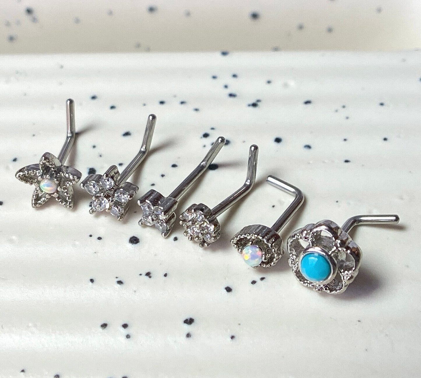 6pc Box Set Opal / Turquoise / CZ Gem Shapes 20g Steel L-Bend Nose Rings