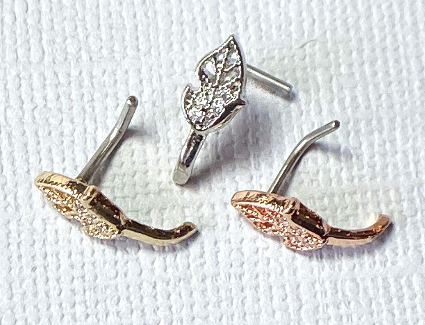 1pc CZ Gem Set Leaf Nose Crawler L-Bend 20g or 18g Nose Ring Stud Screw