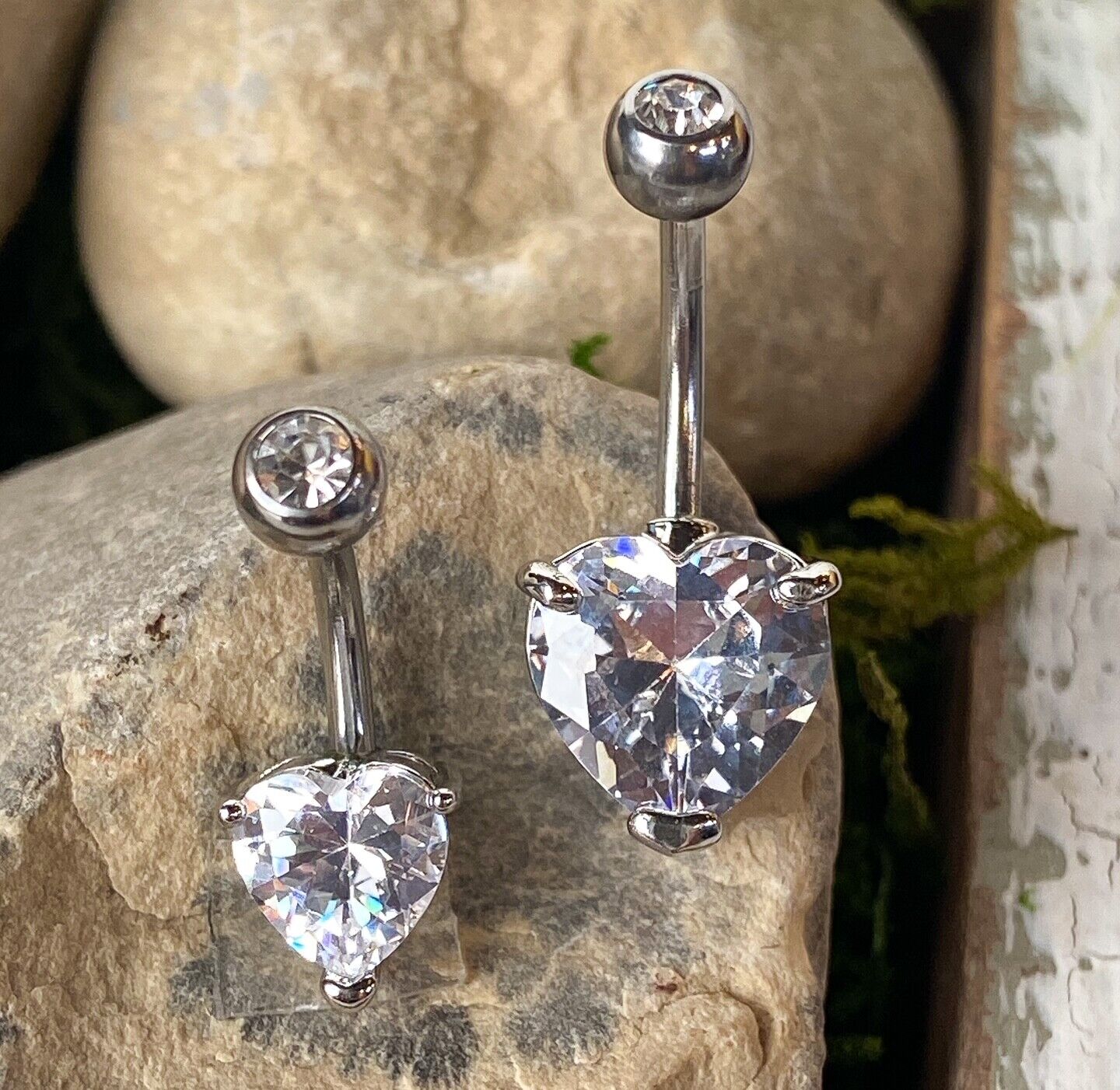 1pc Double Gemmed Heart CZ Gem Prong Set Solitaire Belly Ring Navel Naval