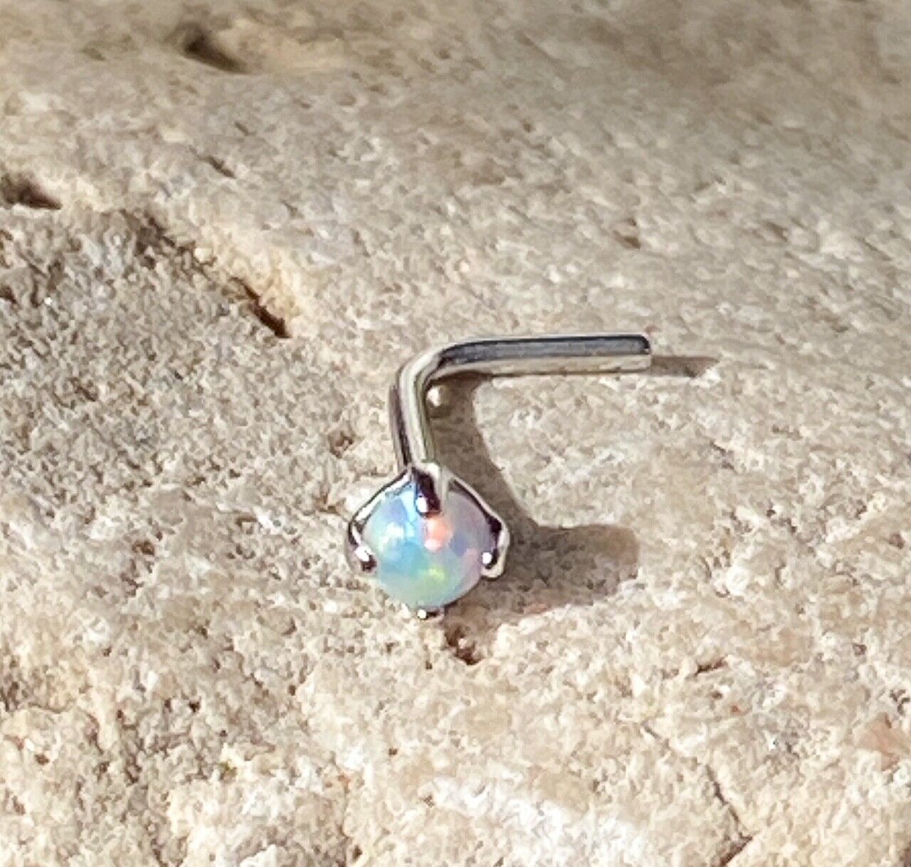 1pc 14kt Yellow or White Gold Opal L-Bend Nose Ring 20g Nostril Body Jewelry