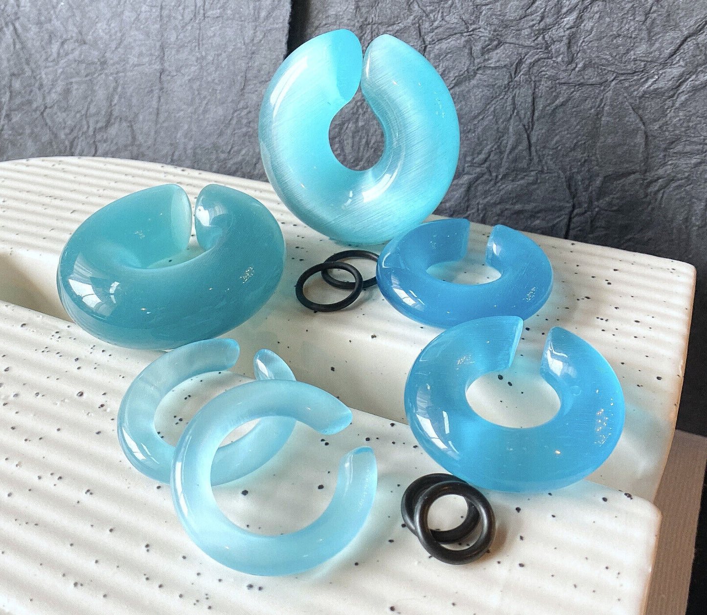 PAIR Light Blue Cat Eye Stone Hoop Taper Hanger Ear Weight Plug Gauge Tunnel