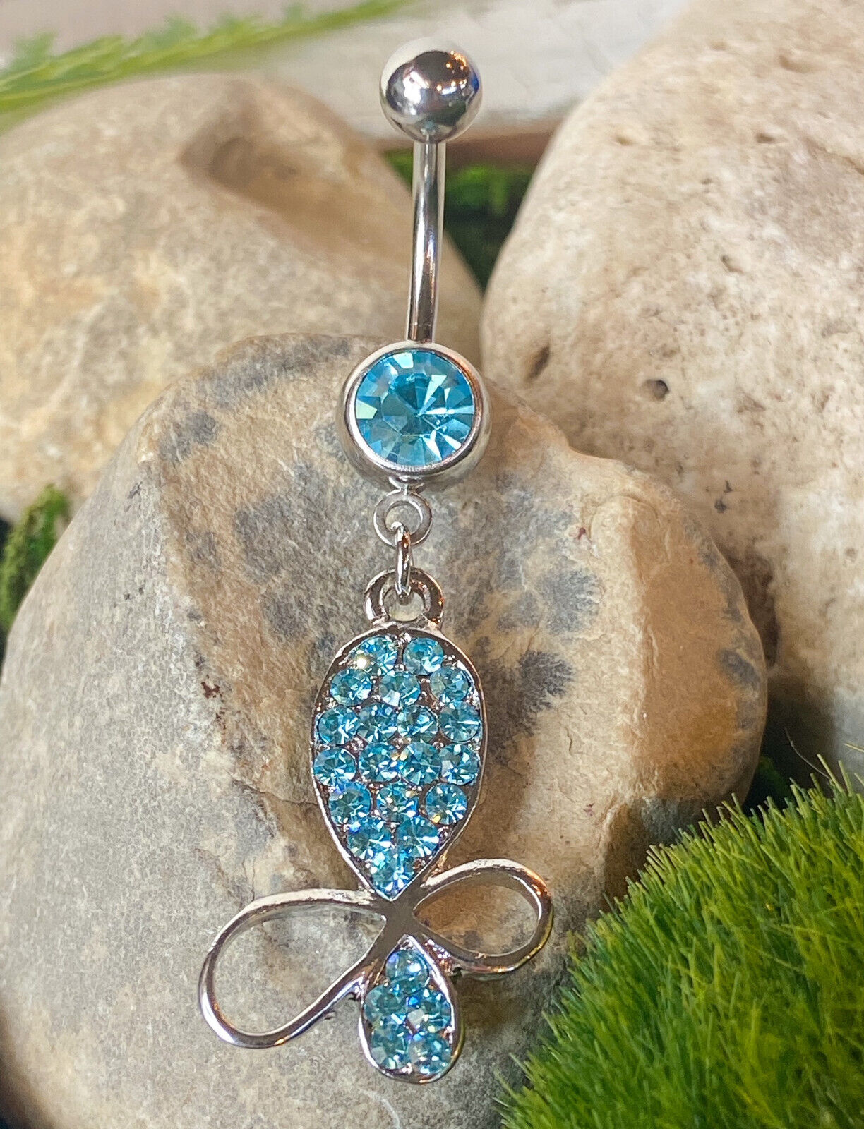 Butterfly Paved CZ Gem Belly Ring Navel Naval Clear, Pink, Aqua