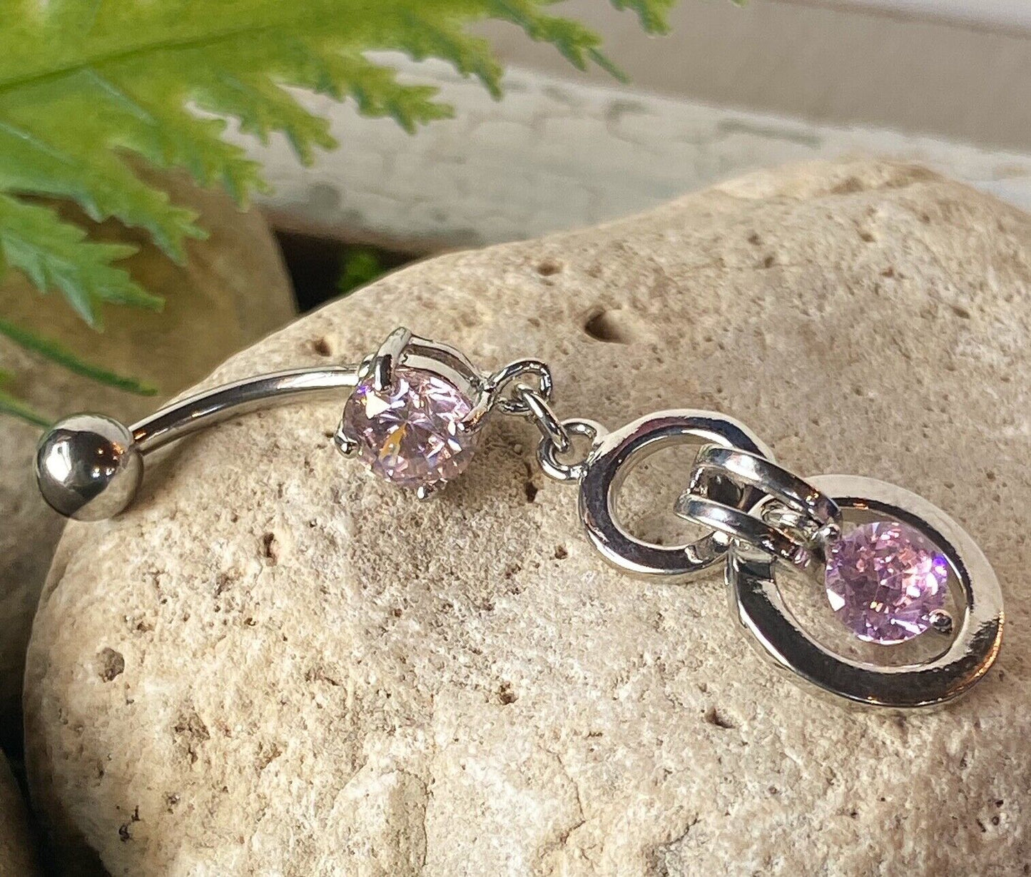 Double Circle CZ Gem Dangle Belly Ring Navel Naval Clear, Pink, Aqua