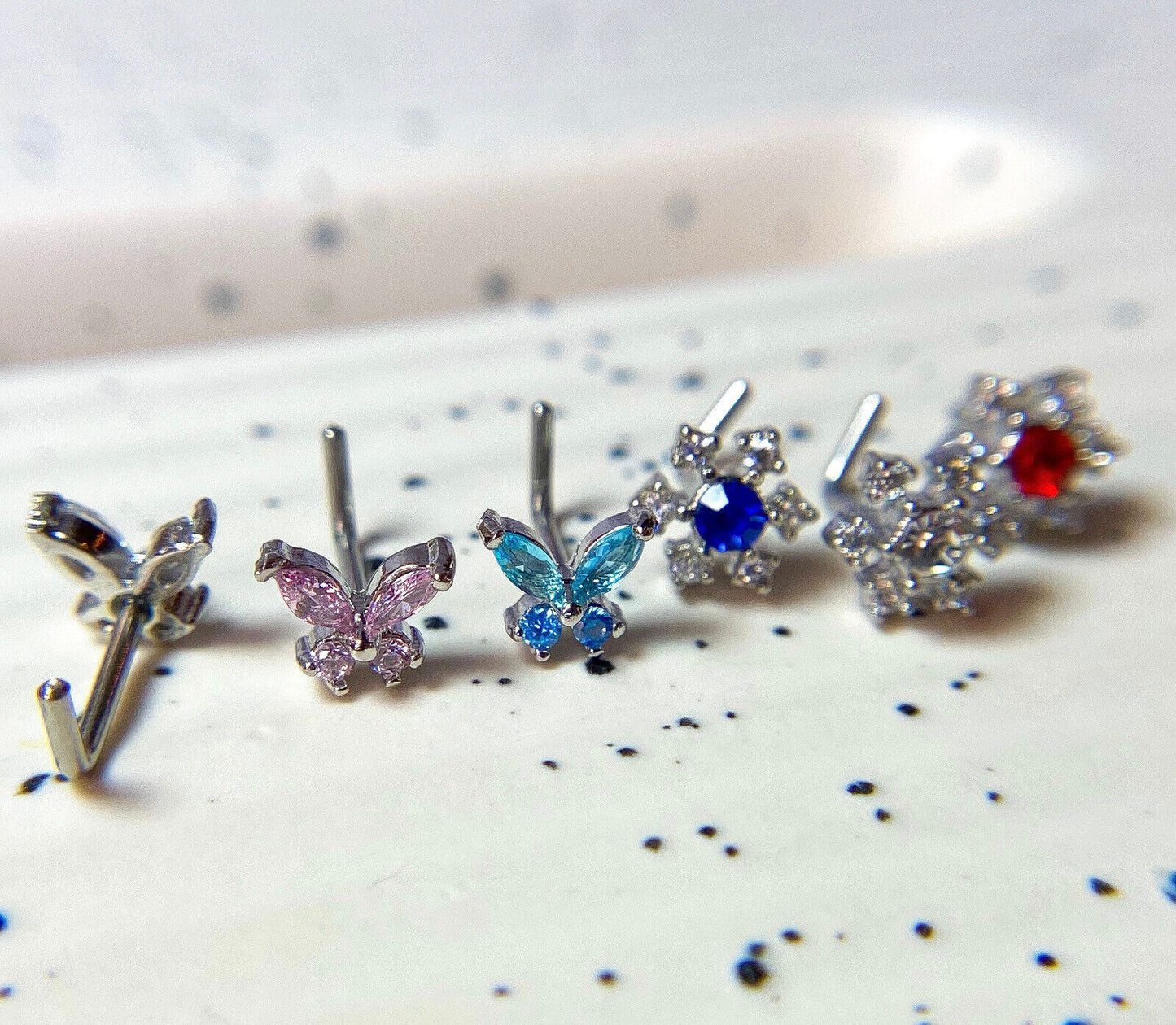 6pc Box Set CZ Gem Butterfly & Flower 20g Steel L-Bend Nose Rings