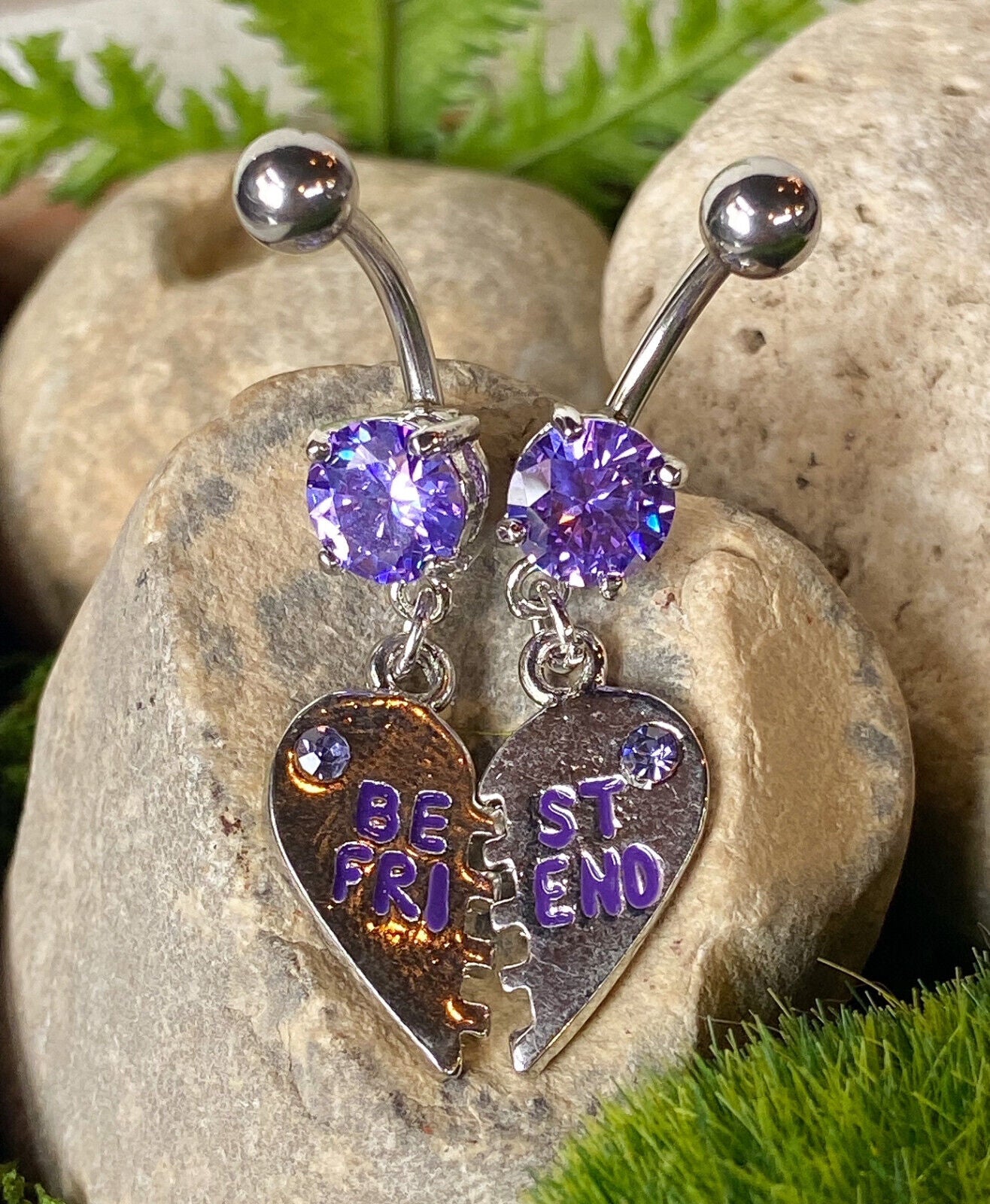 PAIR Best Friends Heart CZ Gem Belly Ring Set Navel Piercing Pierced Naval