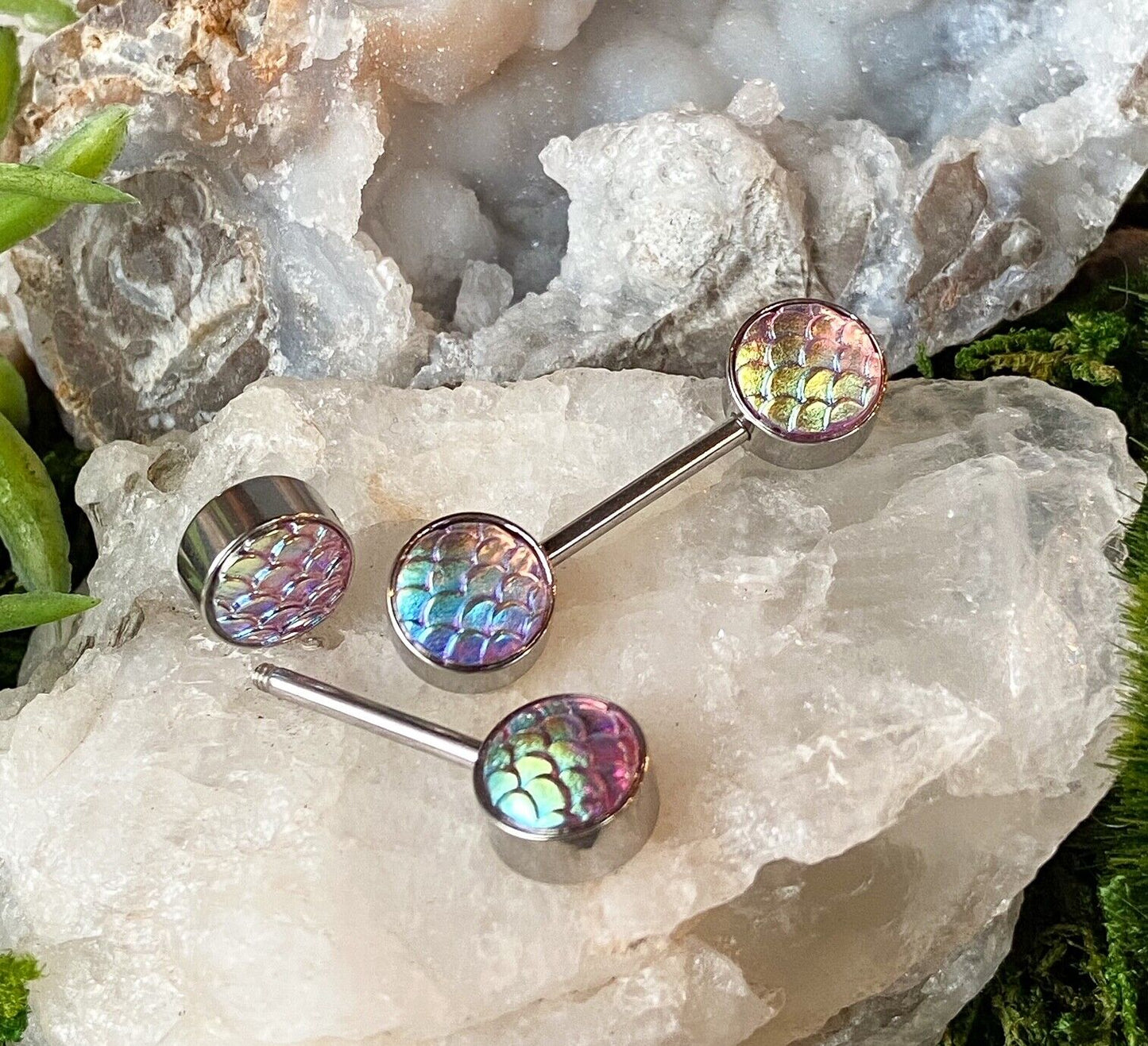 PAIR Iridescent Fish Scale Ends Nipple Rings Barbells Shields Body Jewelry