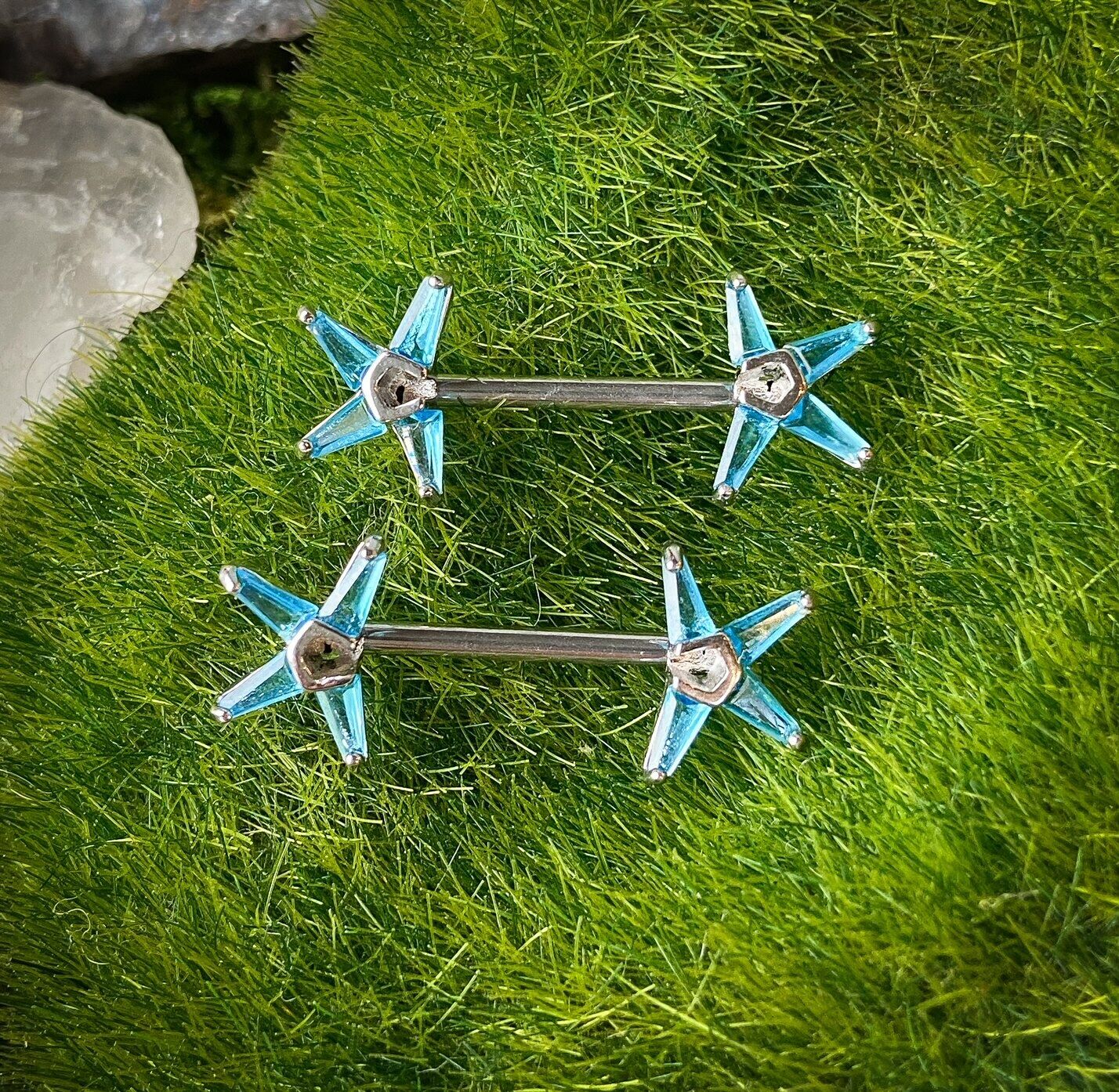 PAIR Princess Cut CZ Gem Star Ends Nipple Ring Barbells Shields Body Jewelry