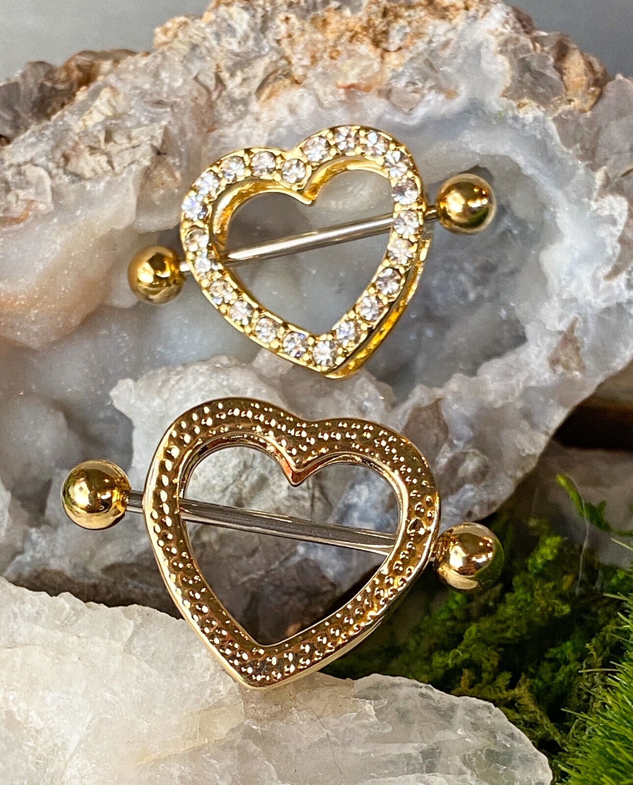 PAIR Gem Paved Heart Nipple Shields Rings Piercing Pierced Body Jewelry