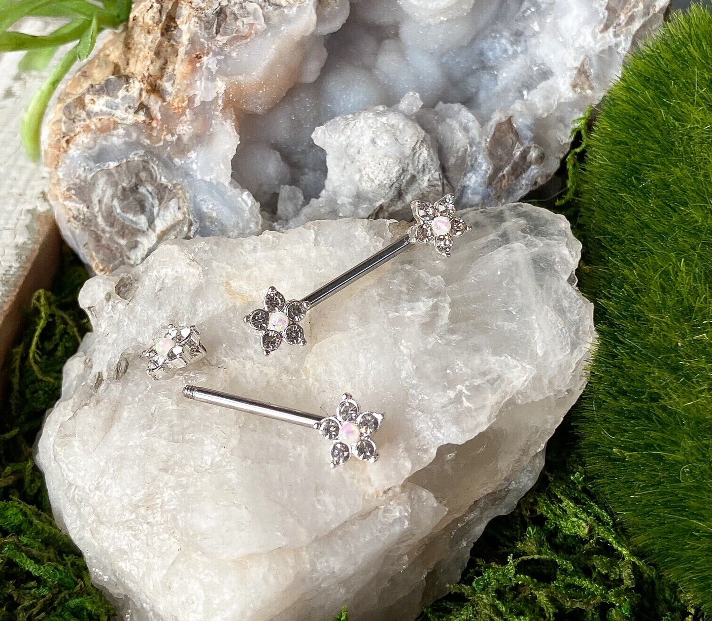 PAIR CZ Gem Flower w/ Opal Glitter Center Nipple Rings Shields Steel Barbells