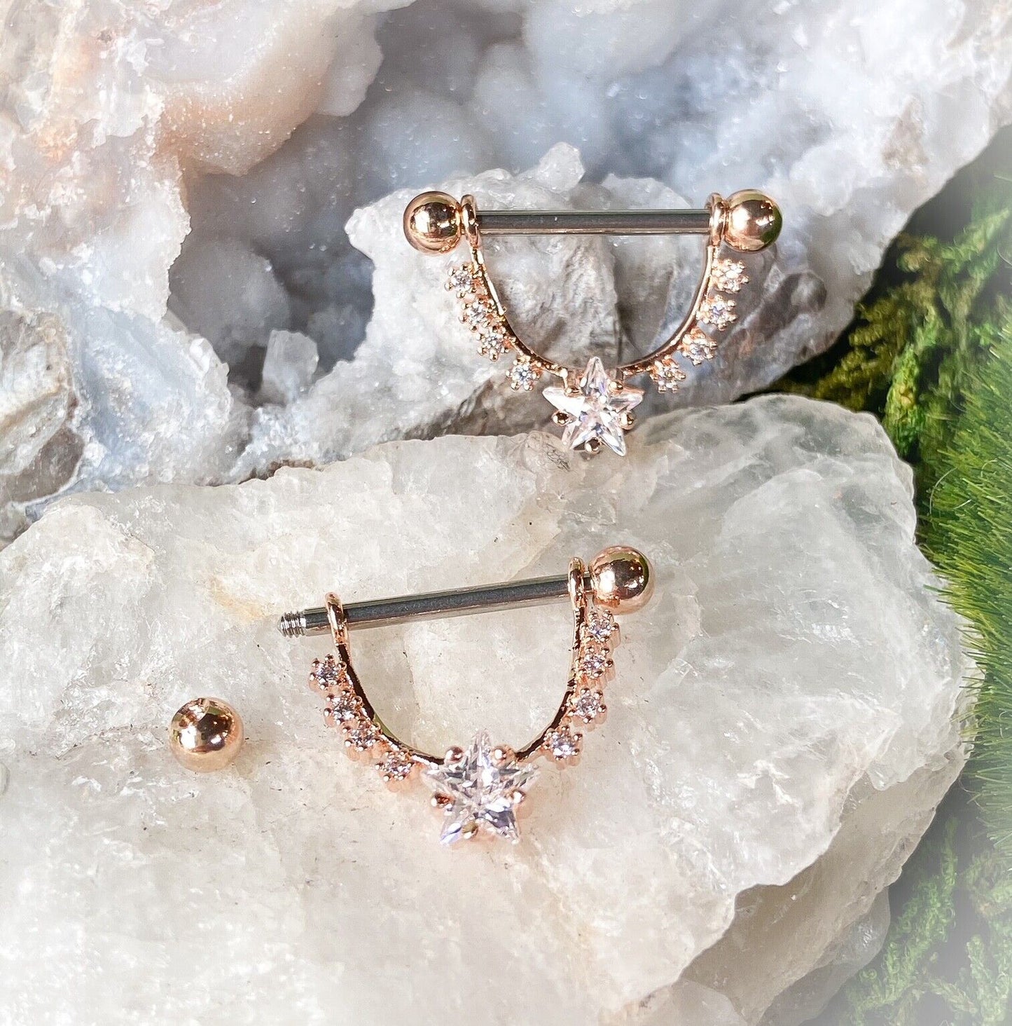 PAIR CZ Gem Star Center Dangle Nipple Ring Shields Pierced Body Piercing Jewelry