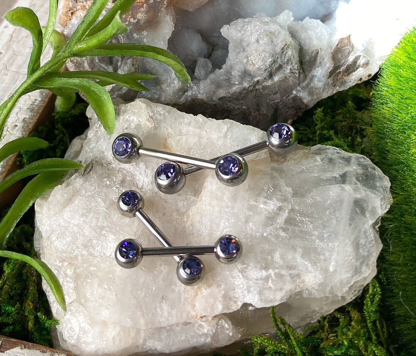 PAIR Front Facing Double Gem Nipple Ring Barbell Steel 14g Piercing Body Jewelry