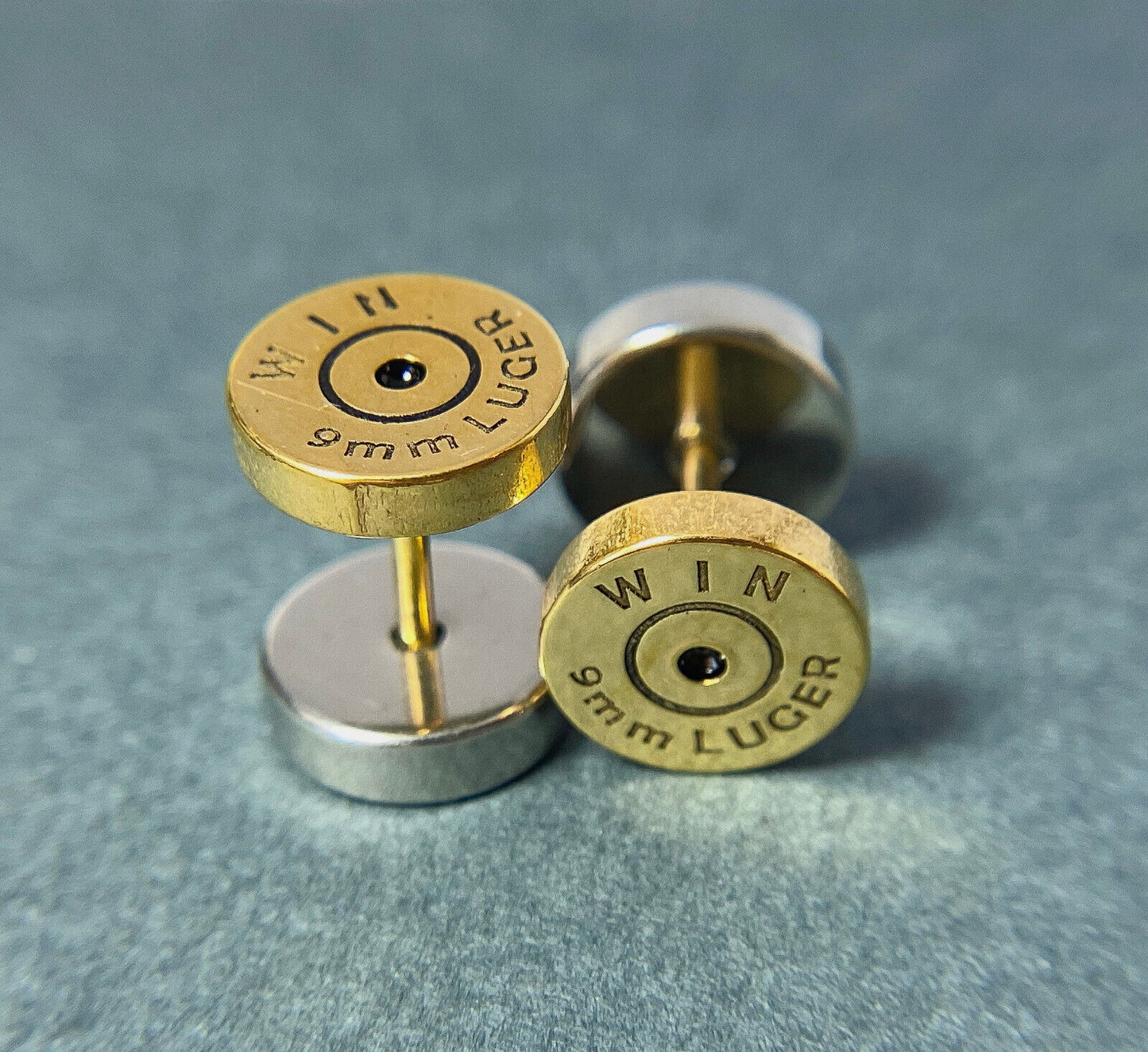 PAIR Bullet Gold IP 16g Fake Plugs WIN 9mm LUGER Surgical Steel Faux Cheater