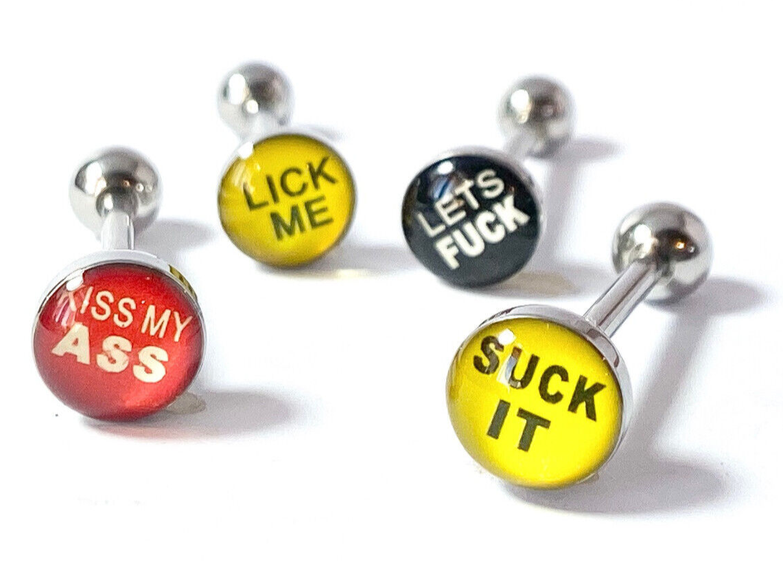 4pc Value Pack Epoxy Dome Bad Word Tongue Rings 14g Tounge Body Jewelry