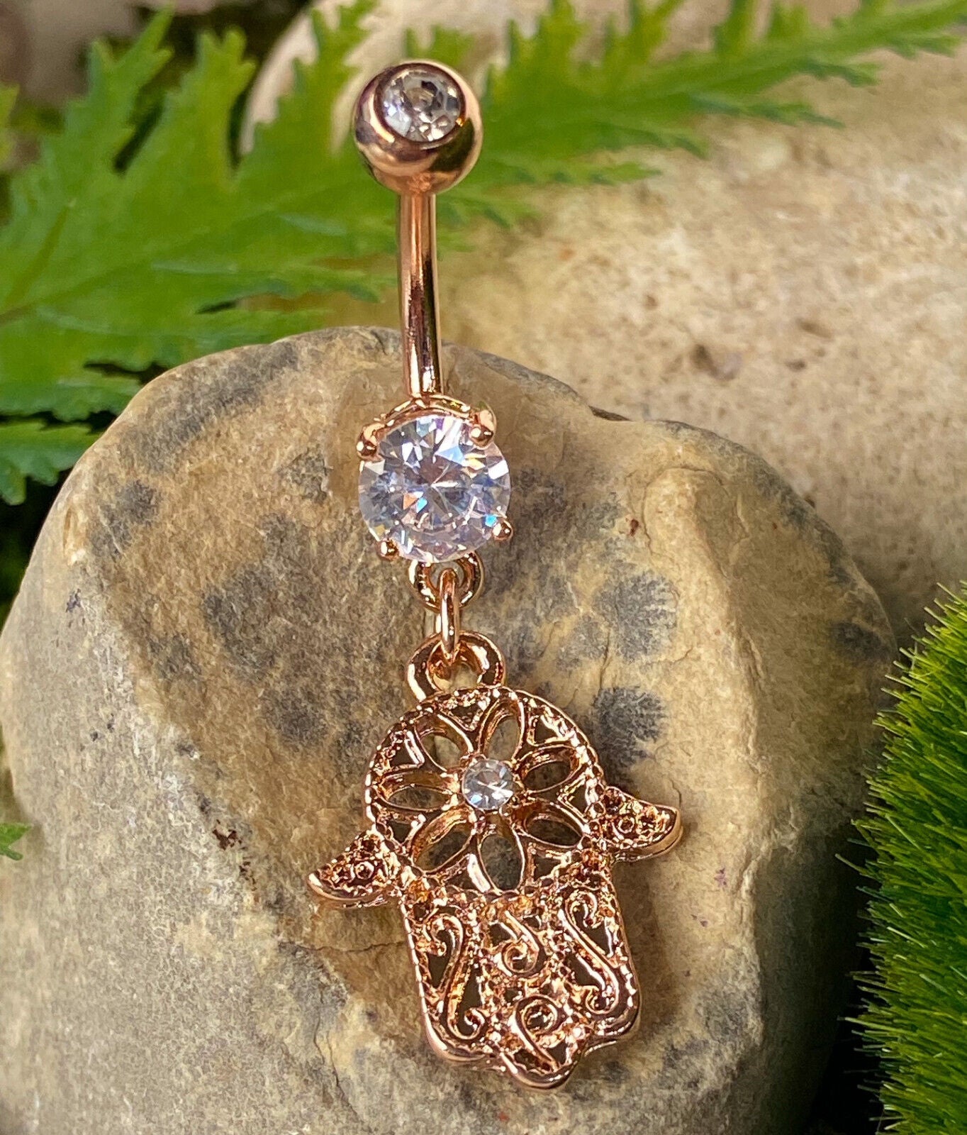 Beaded Outline Hamsa Belly Ring Gem CZ Dangle Pierced Navel Naval