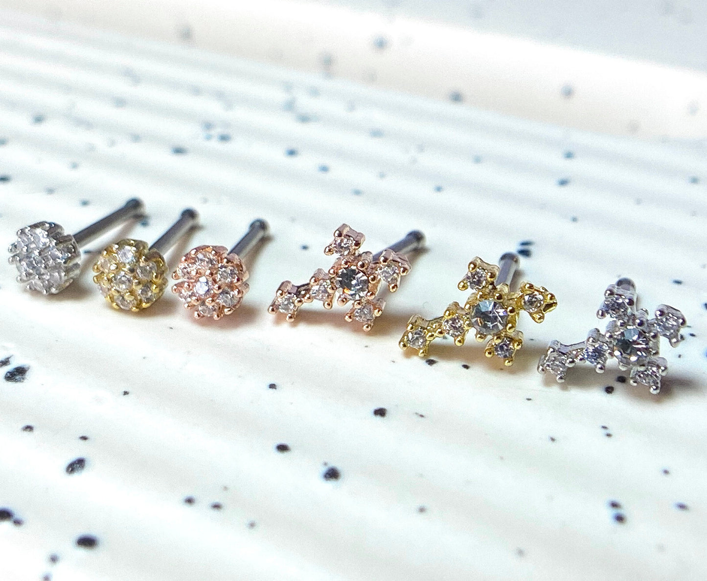 6pcs Cross & Circle Flower CZ Gem Nose Stud Bone Rings 20g Steel Box Value Pack