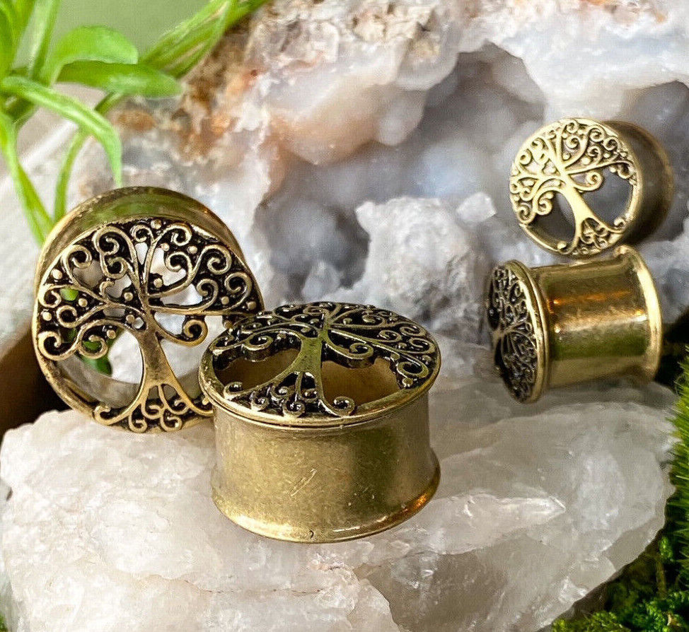 PAIR Antique Gold Tree of Life Design Tunnels Plugs Earlets Gauges Body Jewelry