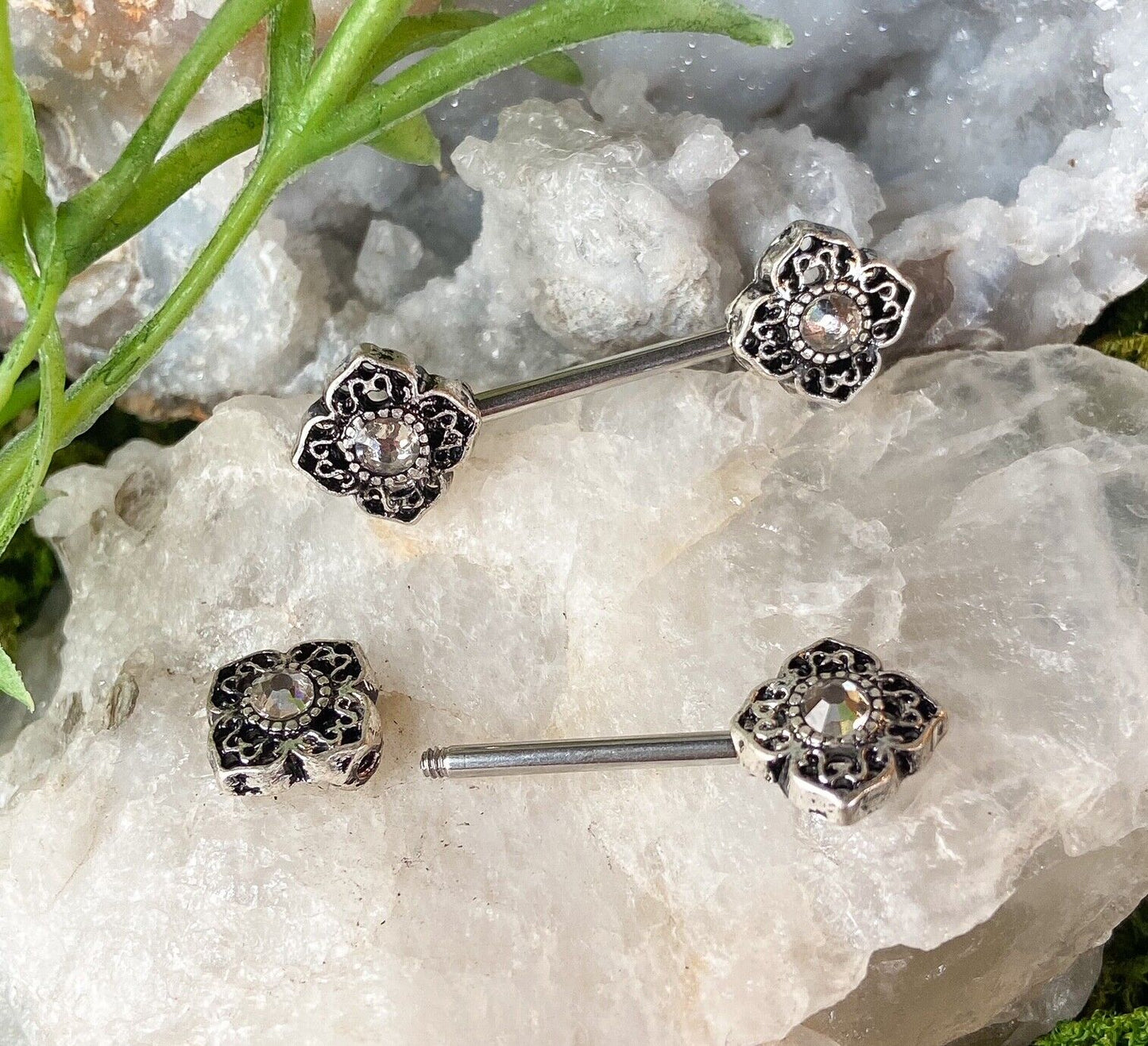 PAIR Gem Tribal Flower Nipple Rings Shields Barbells 14g Body Piercing Jewelry