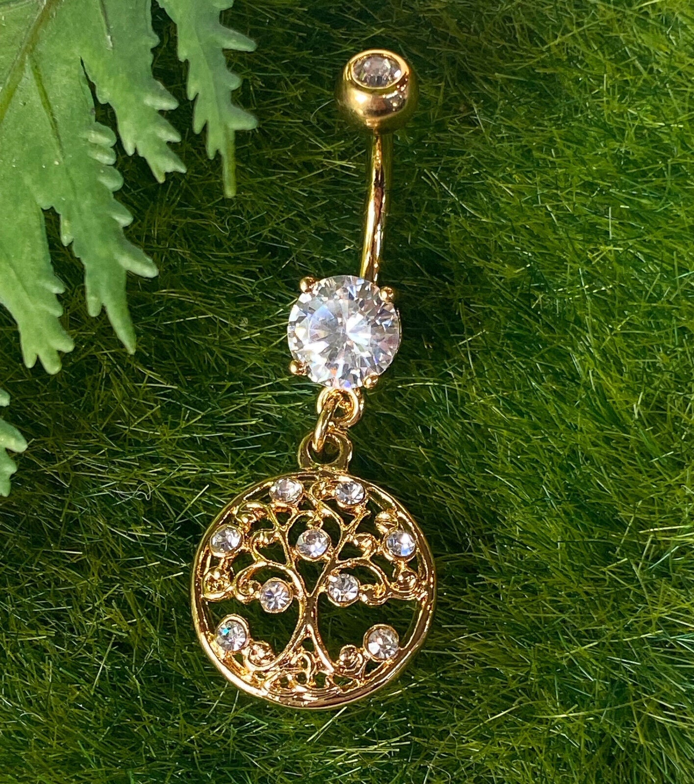 1pc Tree of Life Dangle w/Round CZ Pierced Belly Navel Naval Ring